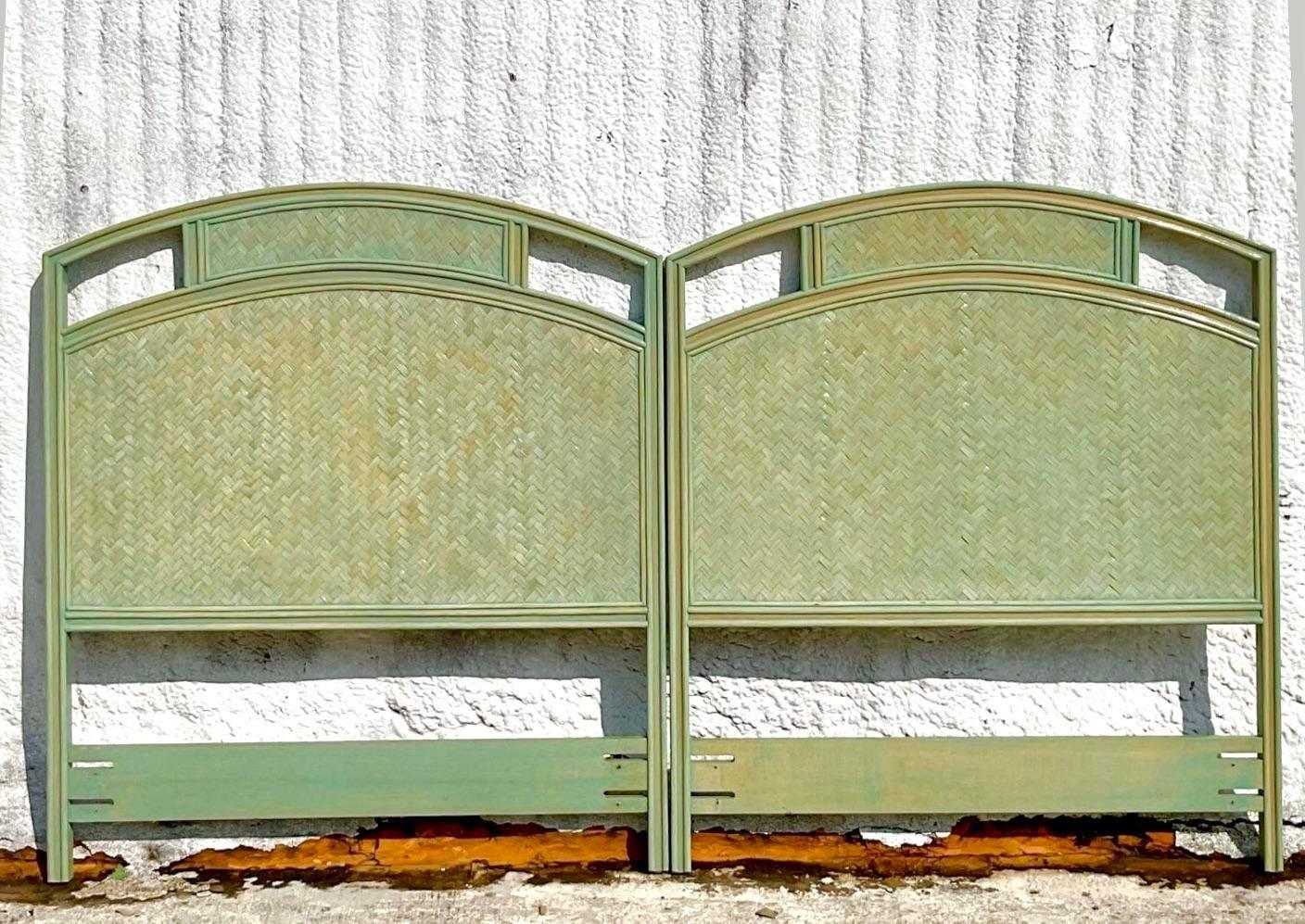 Regency Mid 20th Century Vintage Chevron Reed Rattan Detail Green Stained Twin Headboard For Sale