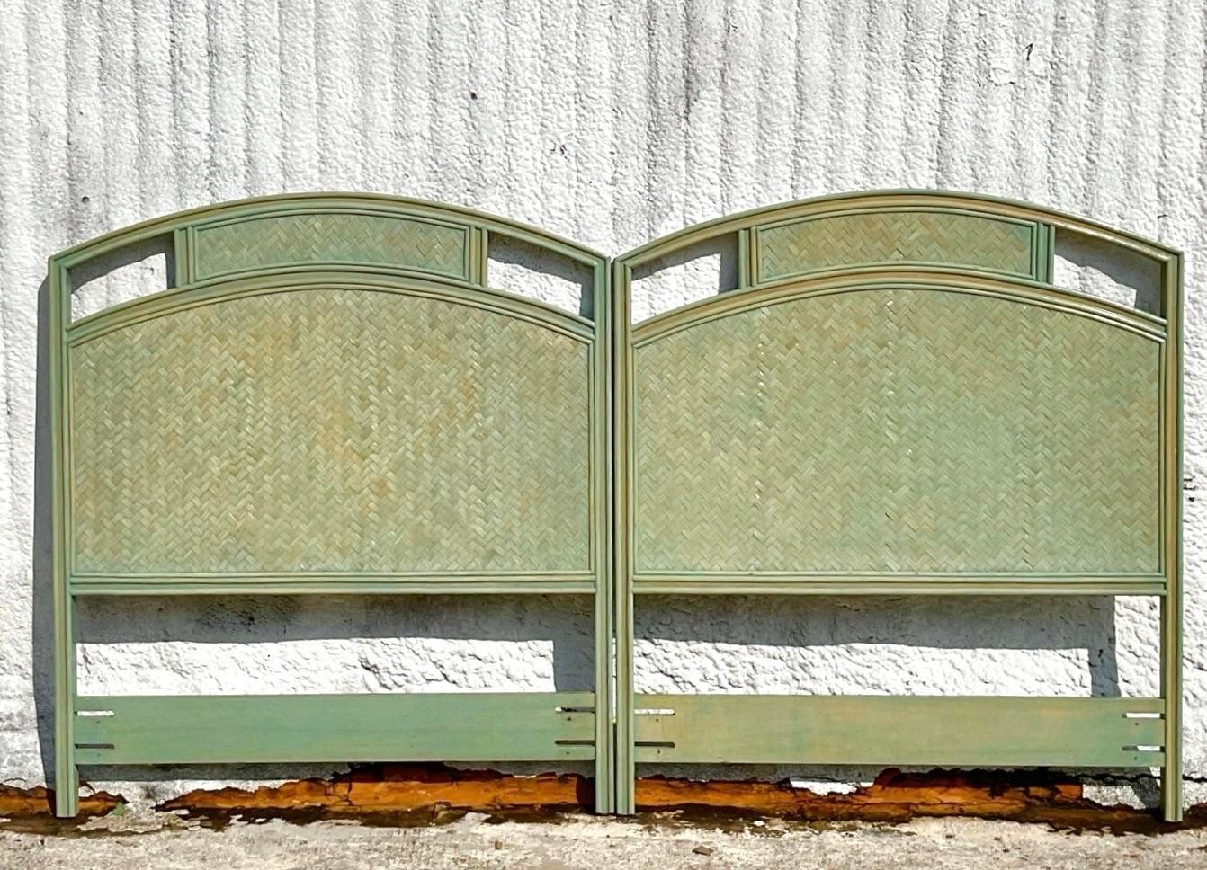 Mid 20th Century Vintage Chevron Reed Rattan Detail Green Stained Twin Headboard For Sale 1