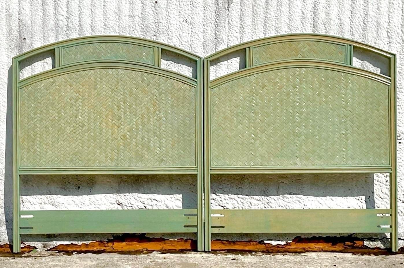 Mid 20th Century Vintage Chevron Reed Rattan Detail Green Stained Twin Headboard For Sale 2