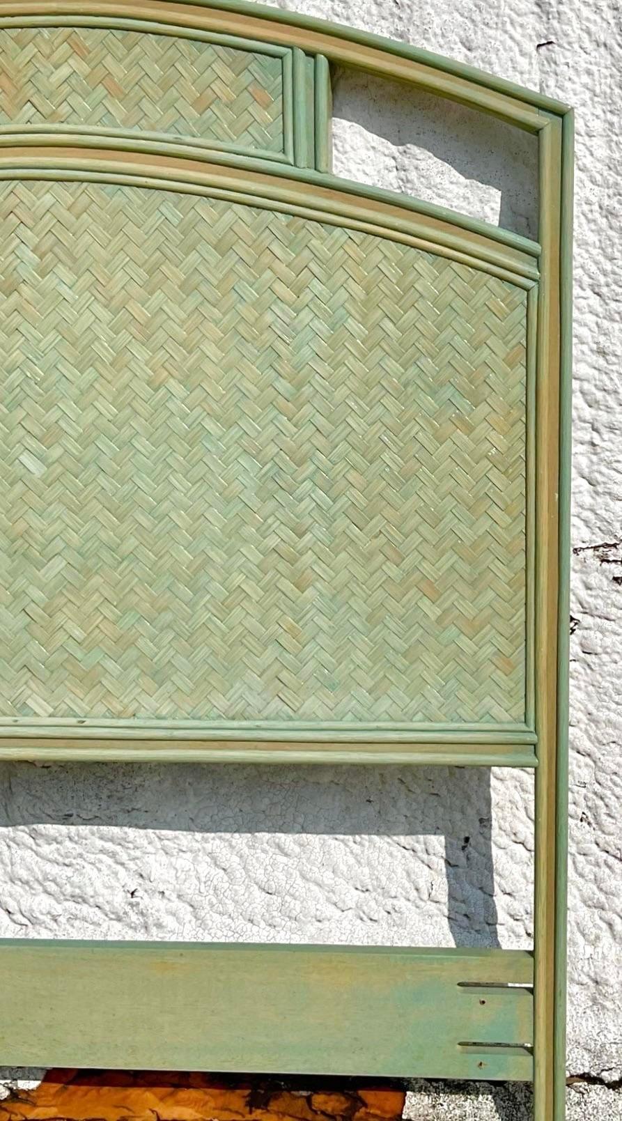 Mid 20th Century Vintage Chevron Reed Rattan Detail Green Stained Twin Headboard For Sale 3