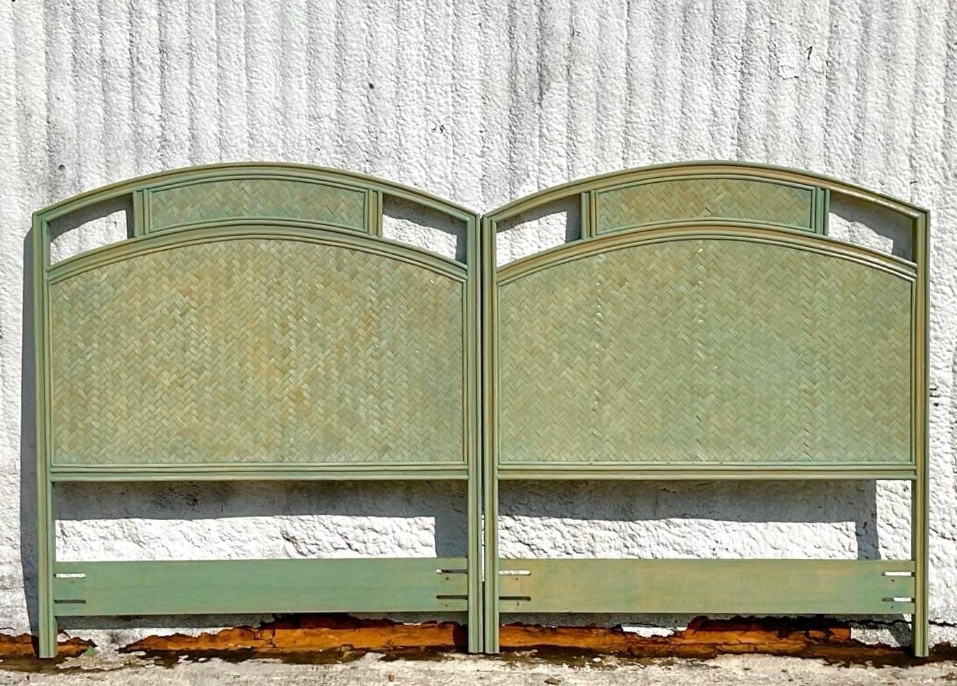 Mid 20th Century Vintage Chevron Reed Rattan Detail Green Stained Twin Headboard For Sale 4