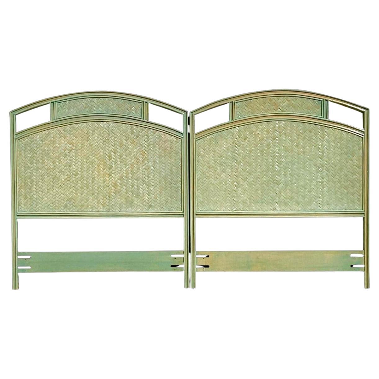 Mid 20th Century Vintage Chevron Reed Rattan Detail Green Stained Twin Headboard For Sale