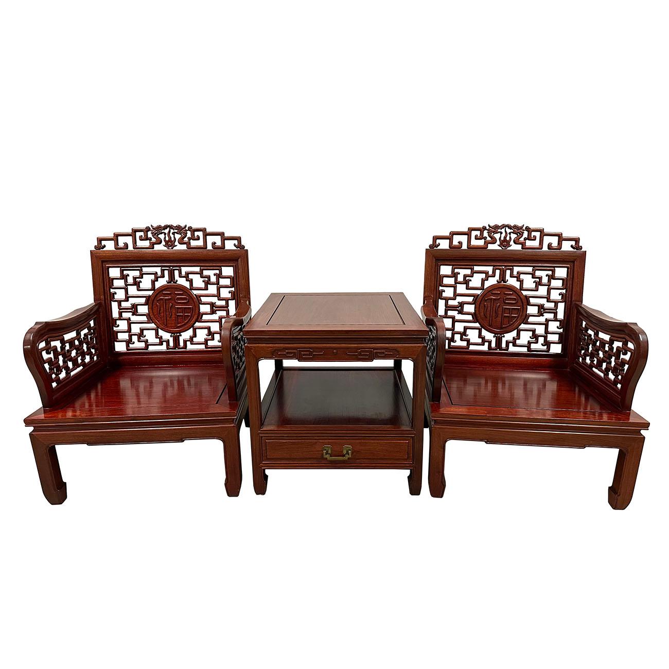 This set of gorgeous Chinese Rosewood Carved Living room Chairs and table have about 70 years history and still has its original condition, very smooth to touch, full of patina. They were hand made and hand carved with solid rosewood. Very heavy and
