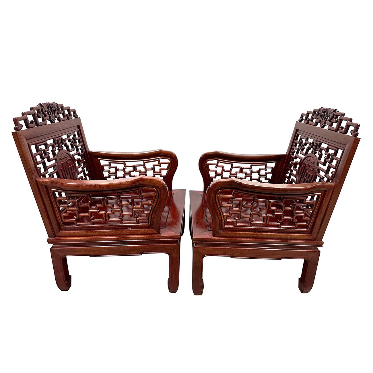Mid 20th Century Vintage Chinese Carved Rosewood Living Room Chairs Set In Good Condition For Sale In Pomona, CA
