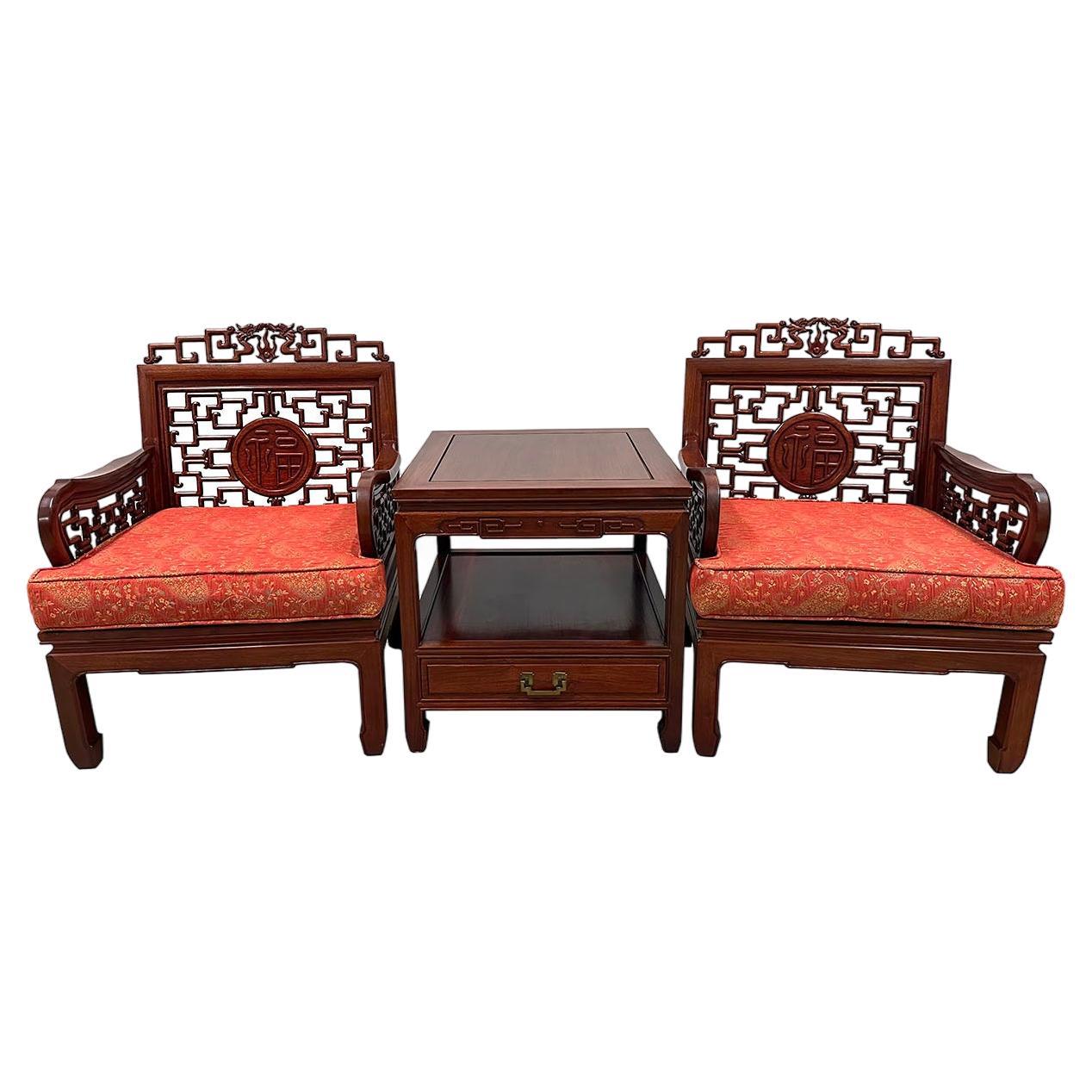 Ensemble de chaises de salon en bois de rose sculpté chinois du milieu du 20e siècle