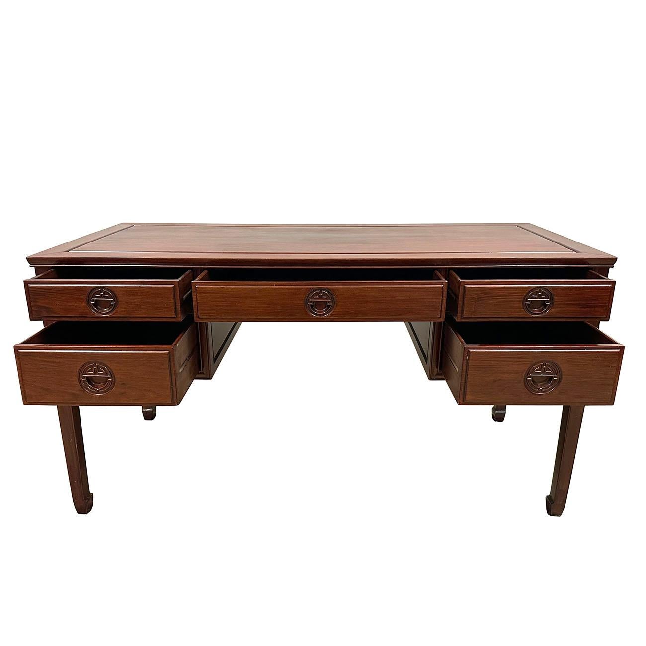 Chinese Export Mid 20th Century Vintage Chinese Carved Rosewood Writing Desk For Sale