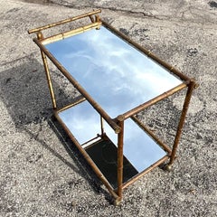 Mid 20th Century Vintage Coastal Bamboo Gilt Metal Bar Cart