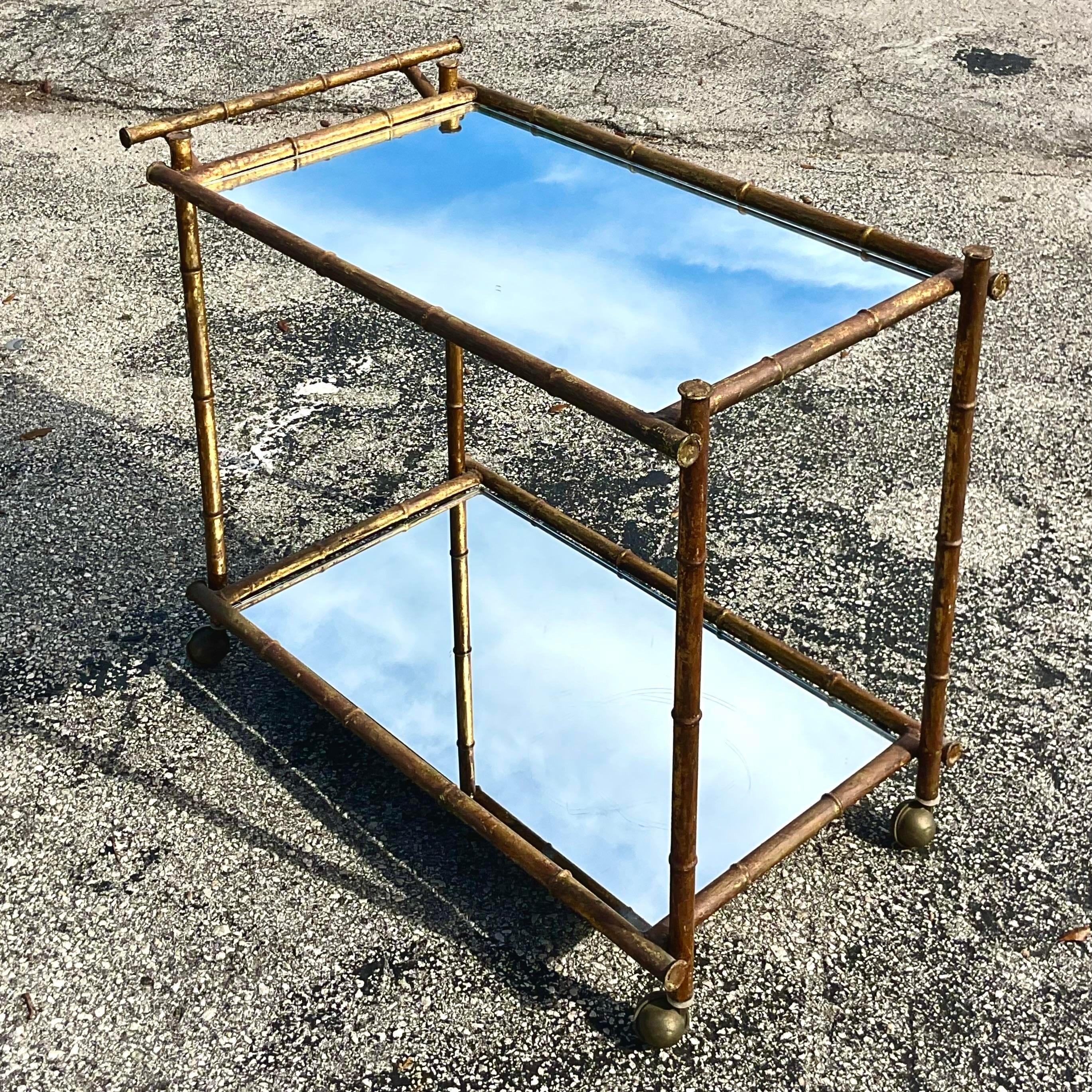 Mid 20th Century Vintage Coastal Bamboo Gilt Metal Bar Cart In Good Condition In west palm beach, FL