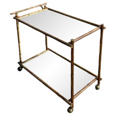 Mid 20th Century Vintage Coastal Bamboo Gilt Metal Bar Cart