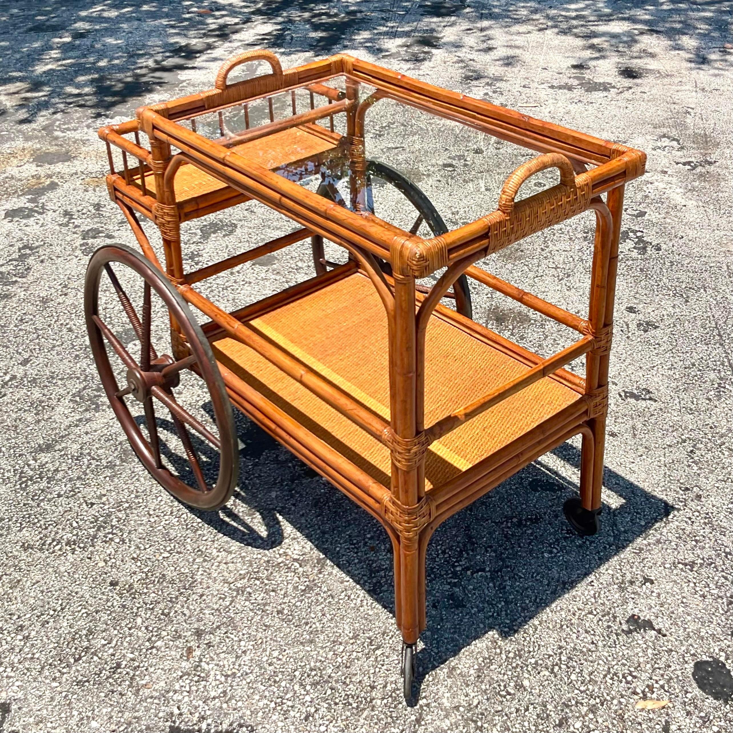 Philippine Mid 20th Century Vintage Coastal Bent Rattan Bar Cart For Sale