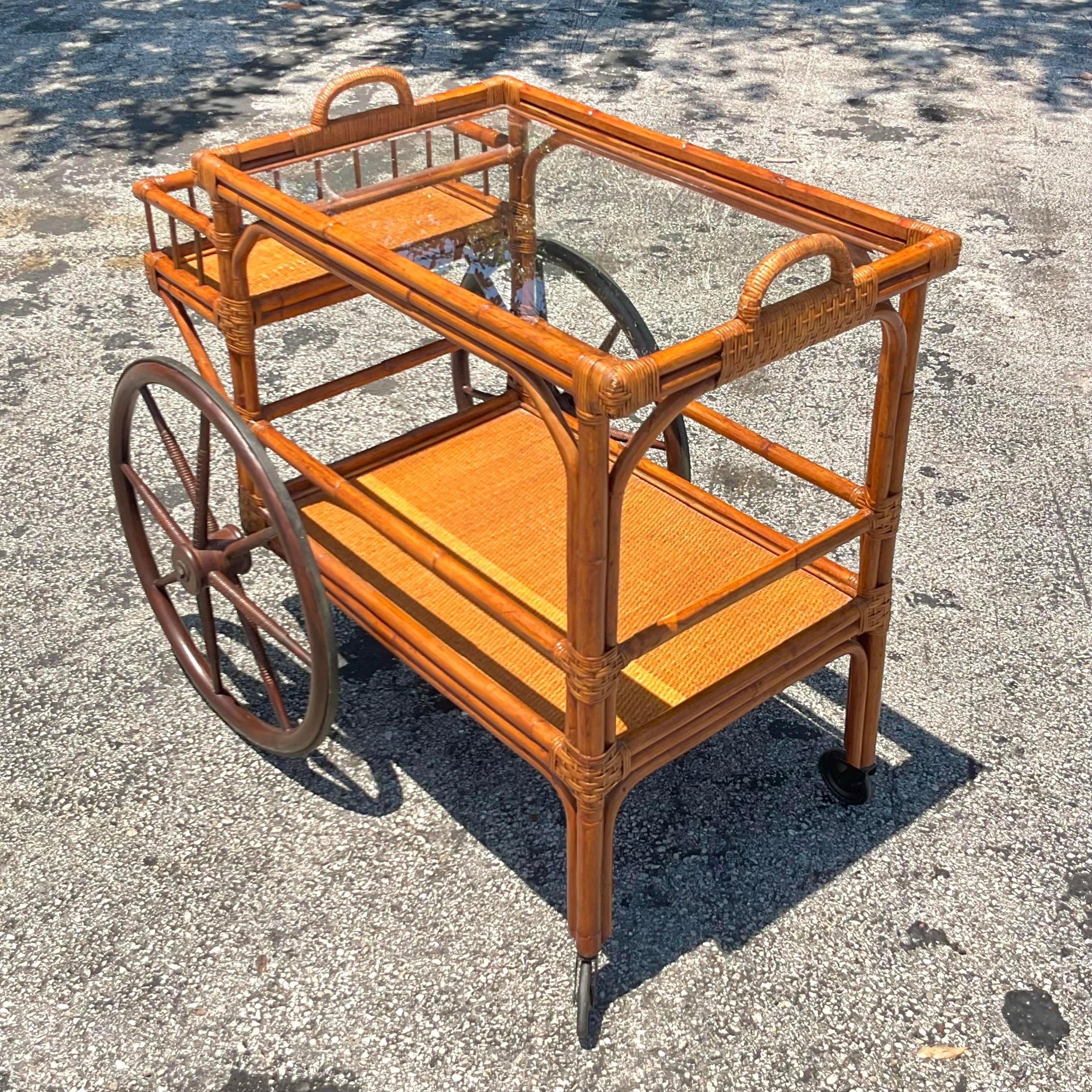 Mid 20th Century Vintage Coastal Bent Rattan Bar Cart In Good Condition For Sale In west palm beach, FL