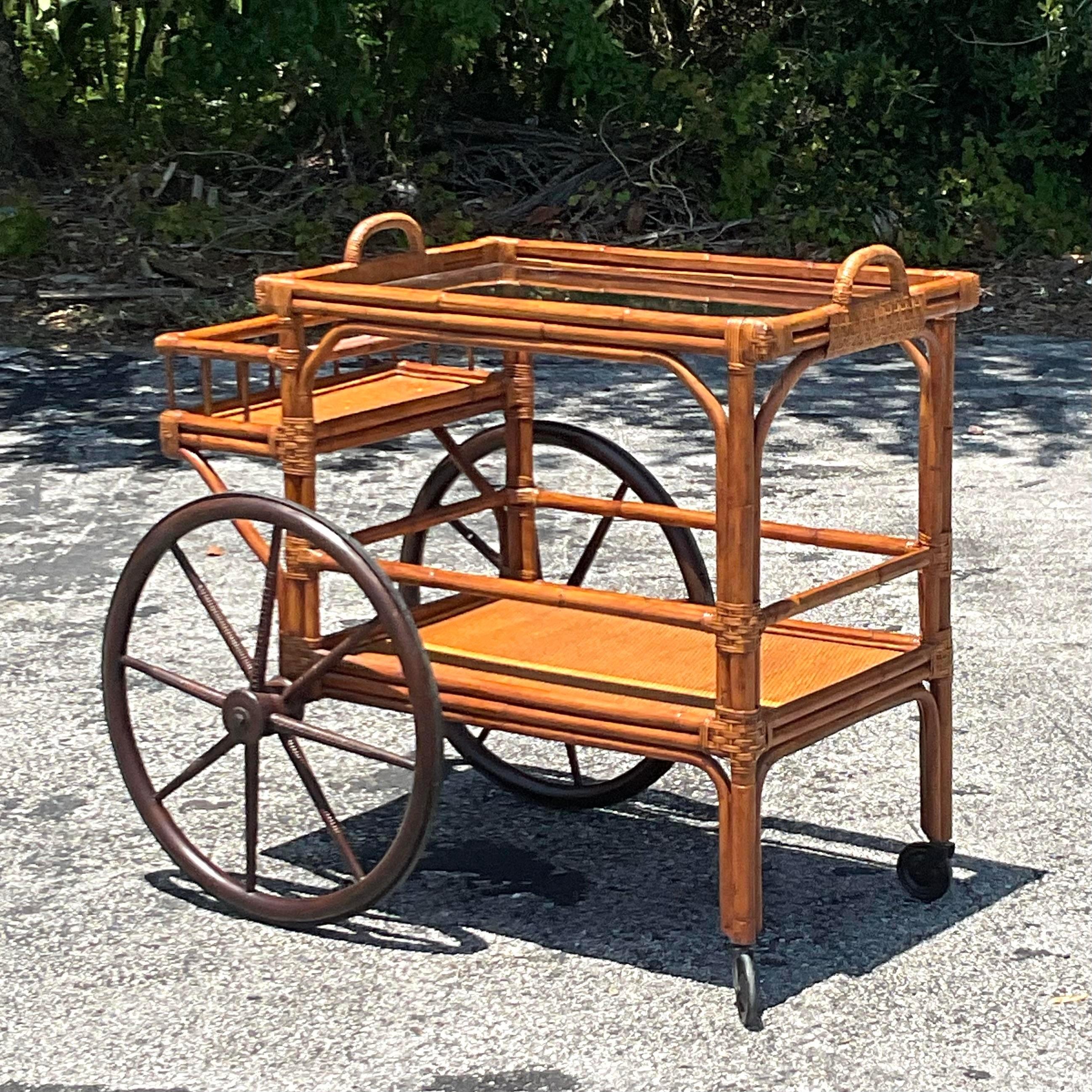 Mid 20th Century Vintage Coastal Bent Rattan Bar Cart For Sale 1