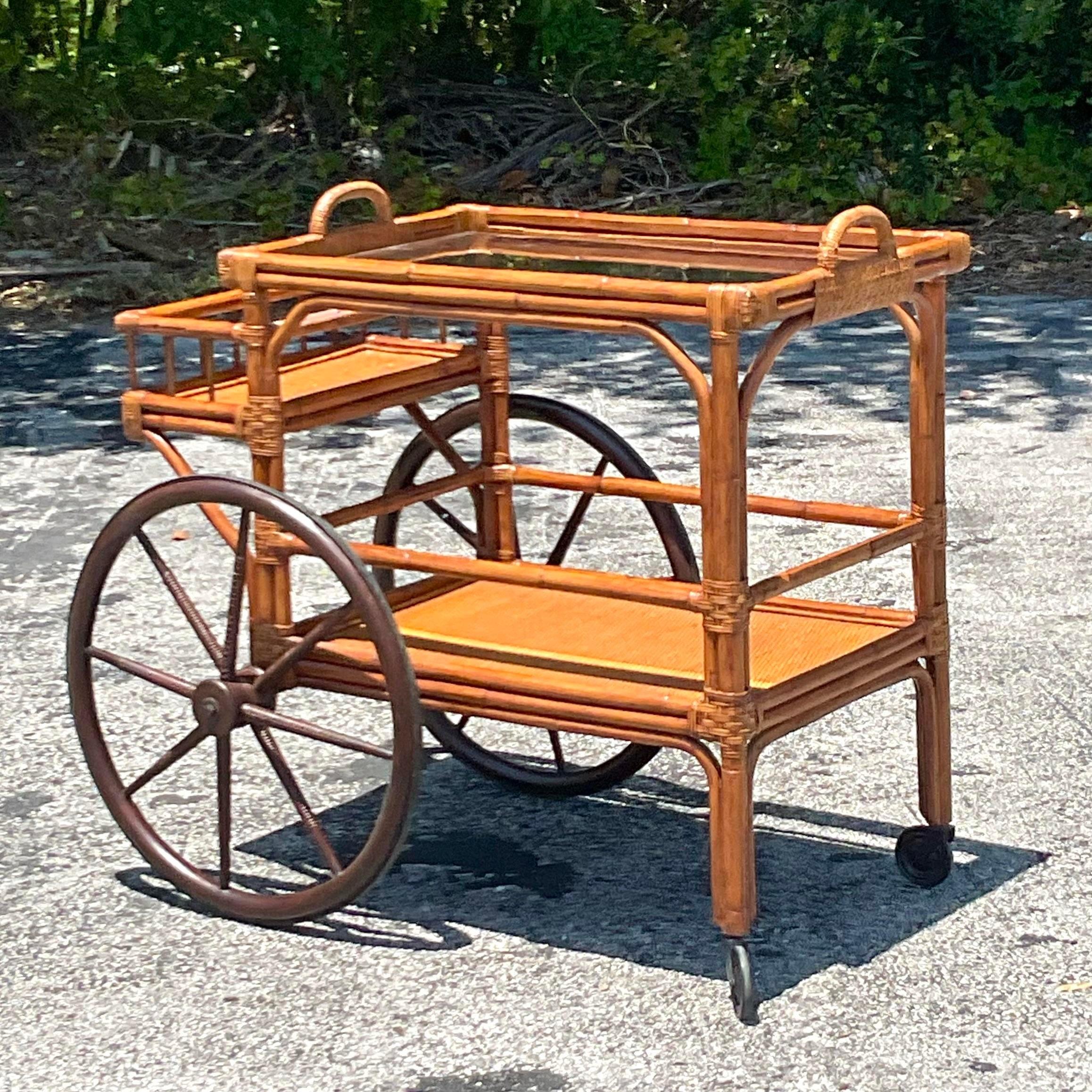 Mid 20th Century Vintage Coastal Bent Rattan Bar Cart For Sale 2