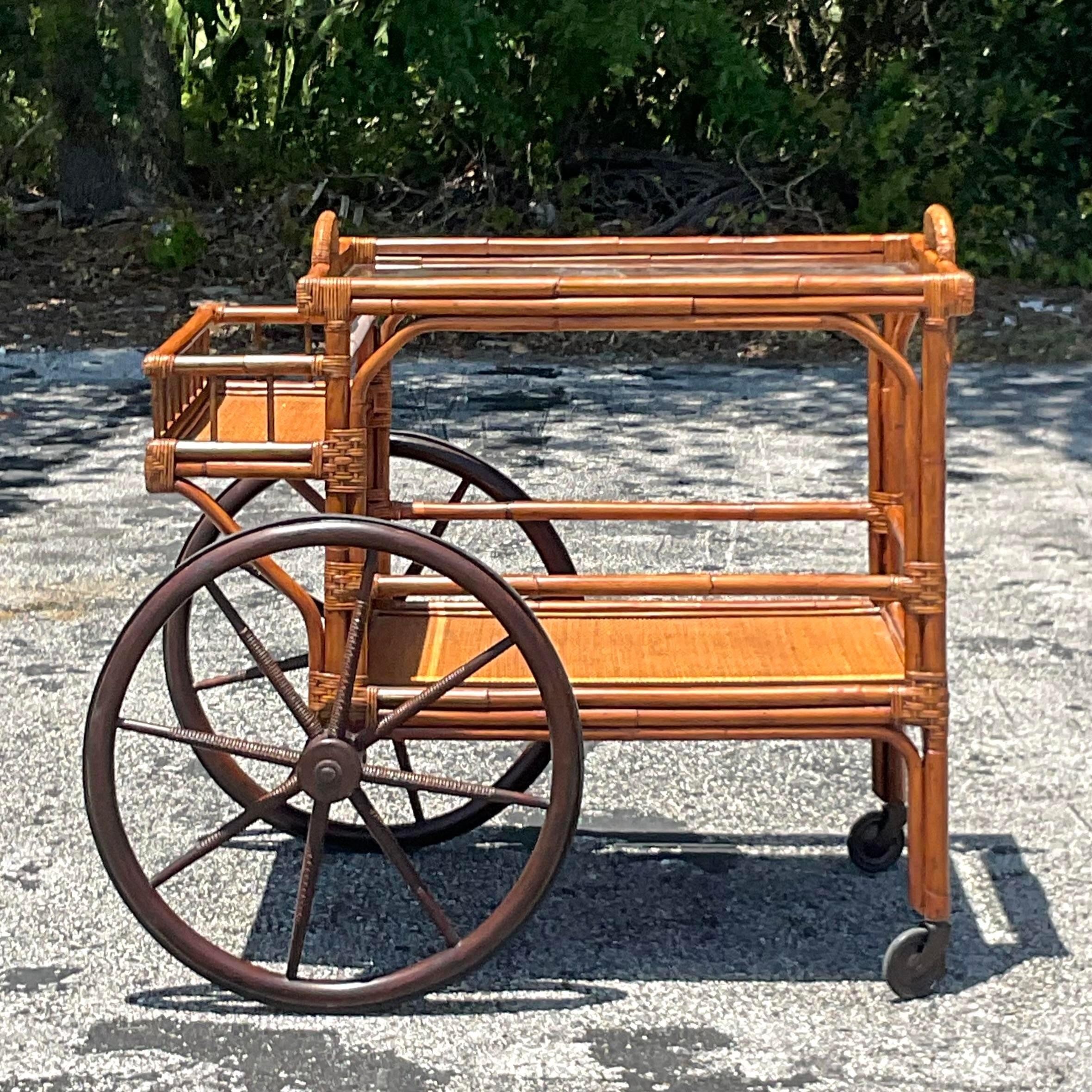 Mid 20th Century Vintage Coastal Bent Rattan Bar Cart For Sale 3