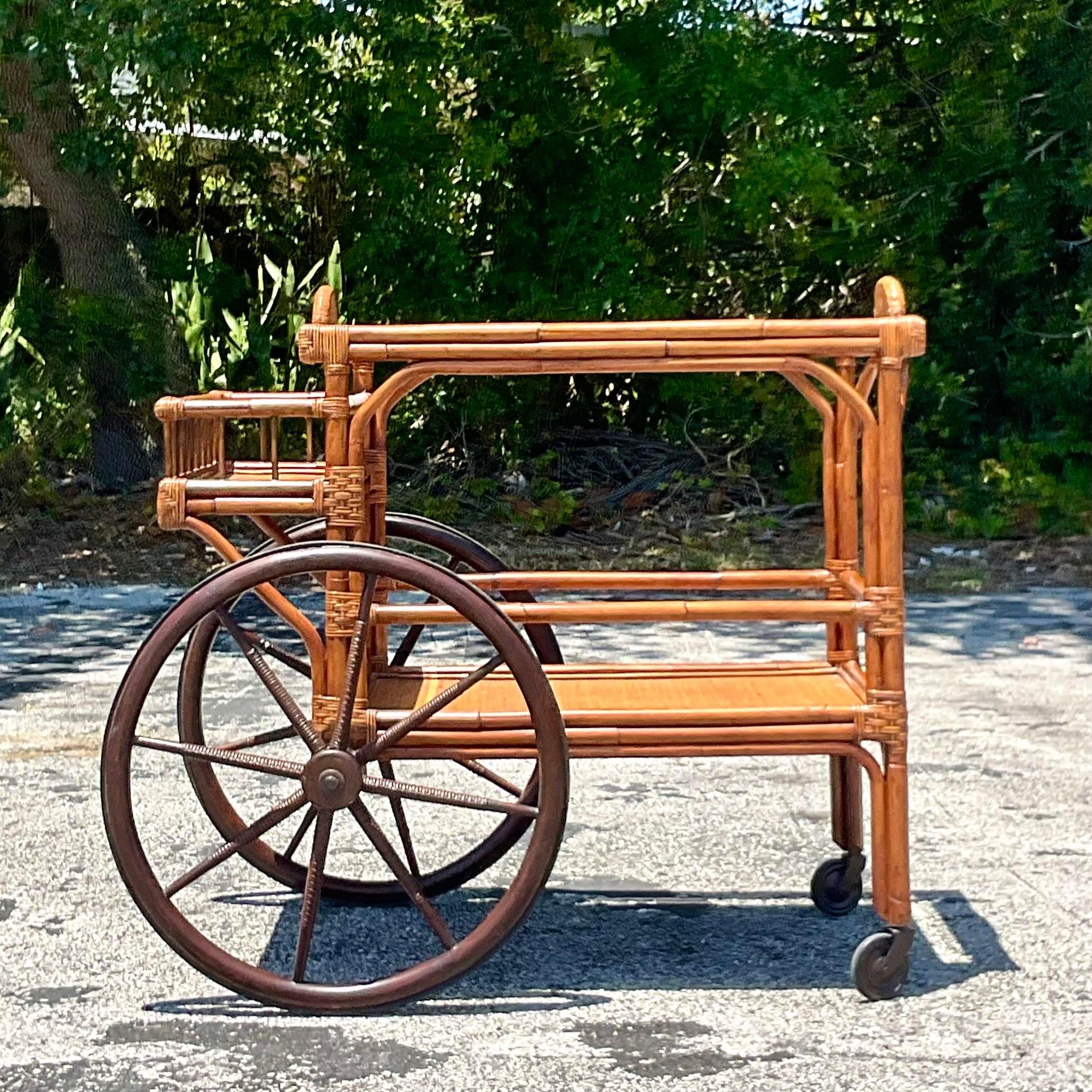 Mid 20th Century Vintage Coastal Bent Rattan Bar Cart For Sale 4