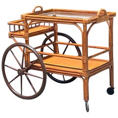 Mid 20th Century Vintage Coastal Bent Rattan Bar Cart