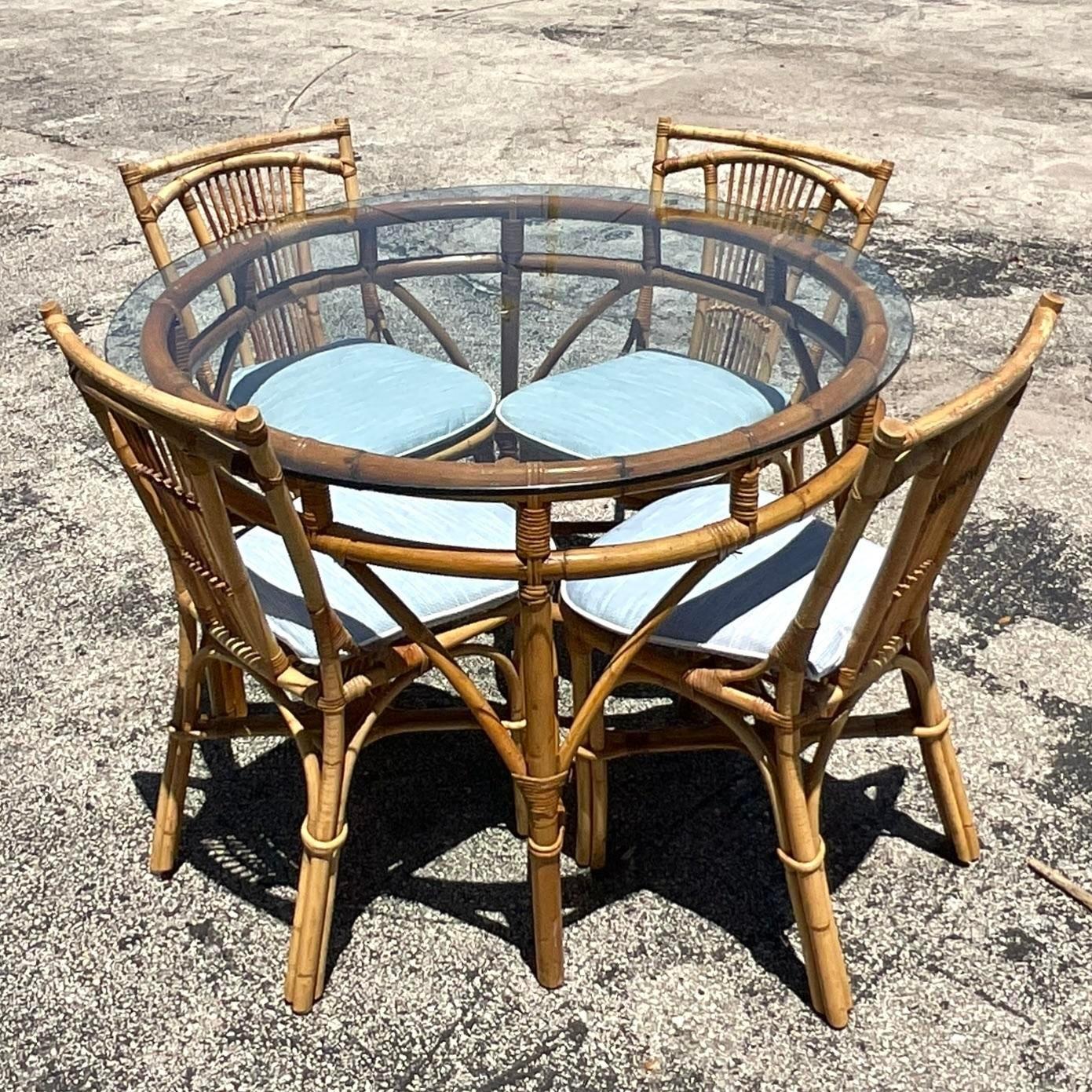 Philippine Mid-20th Century Vintage Coastal Bent Rattan Round Dining Table For Sale