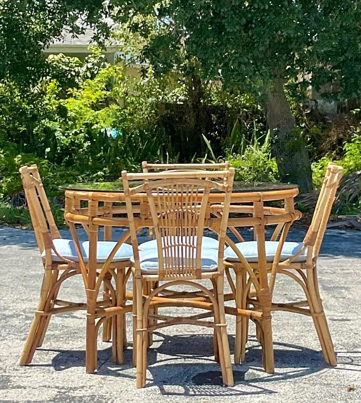 Mid-20th Century Vintage Coastal Bent Rattan Round Dining Table For Sale 1