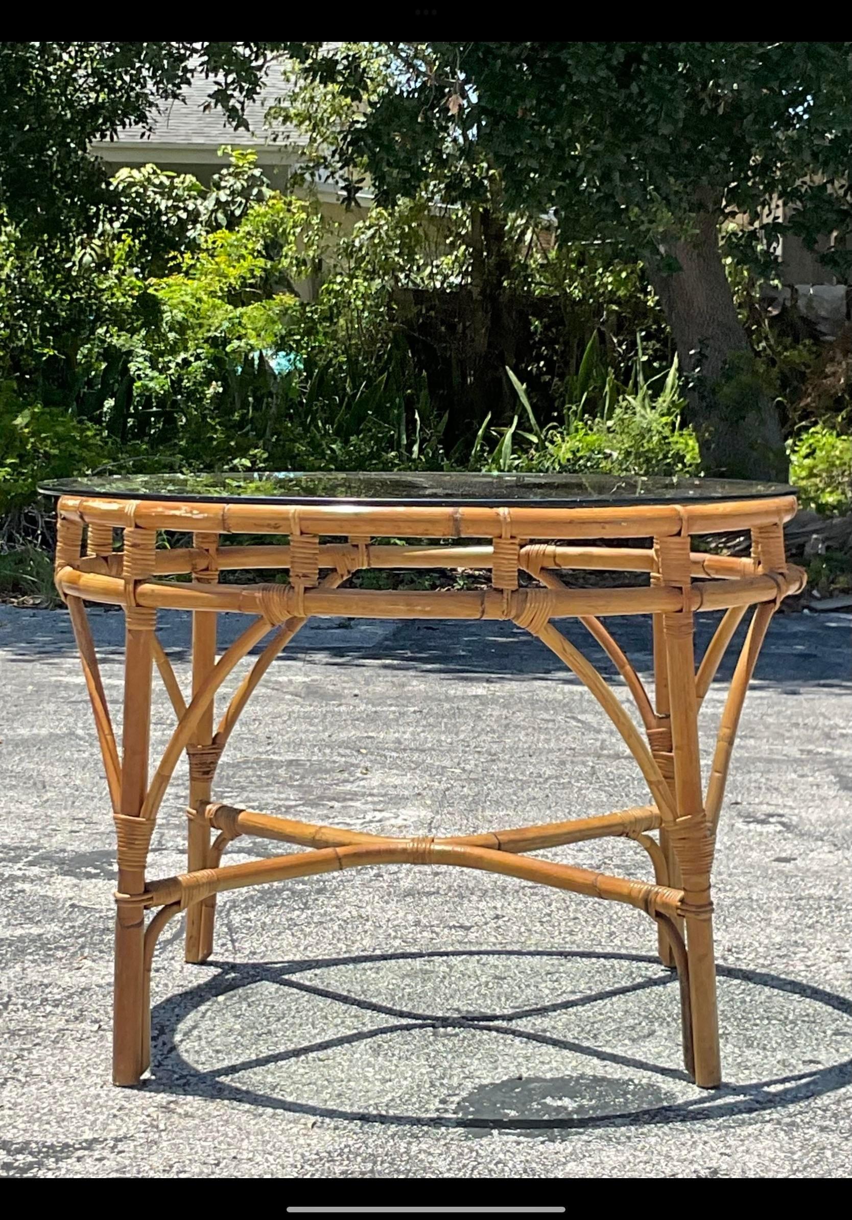 Mid-20th Century Vintage Coastal Bent Rattan Round Dining Table For Sale 2