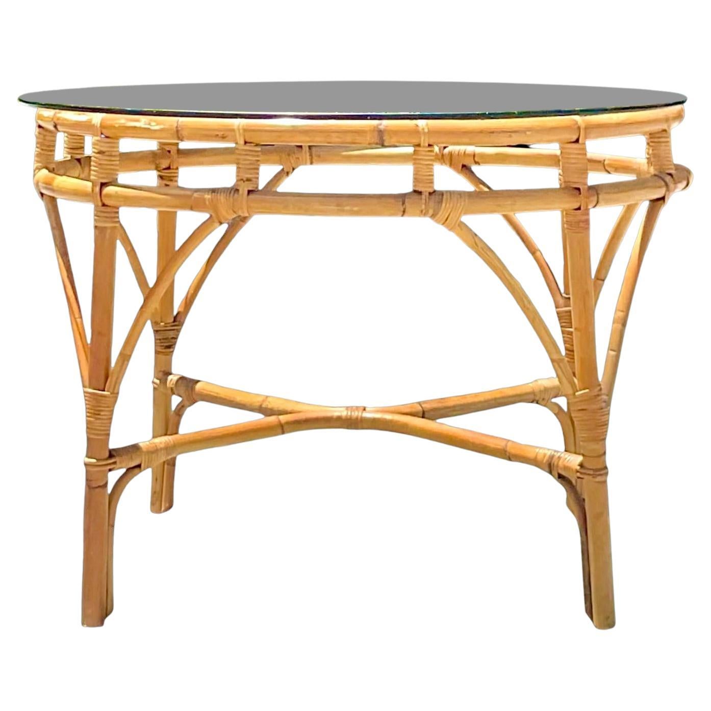 Mid-20th Century Vintage Coastal Bent Rattan Round Dining Table For Sale