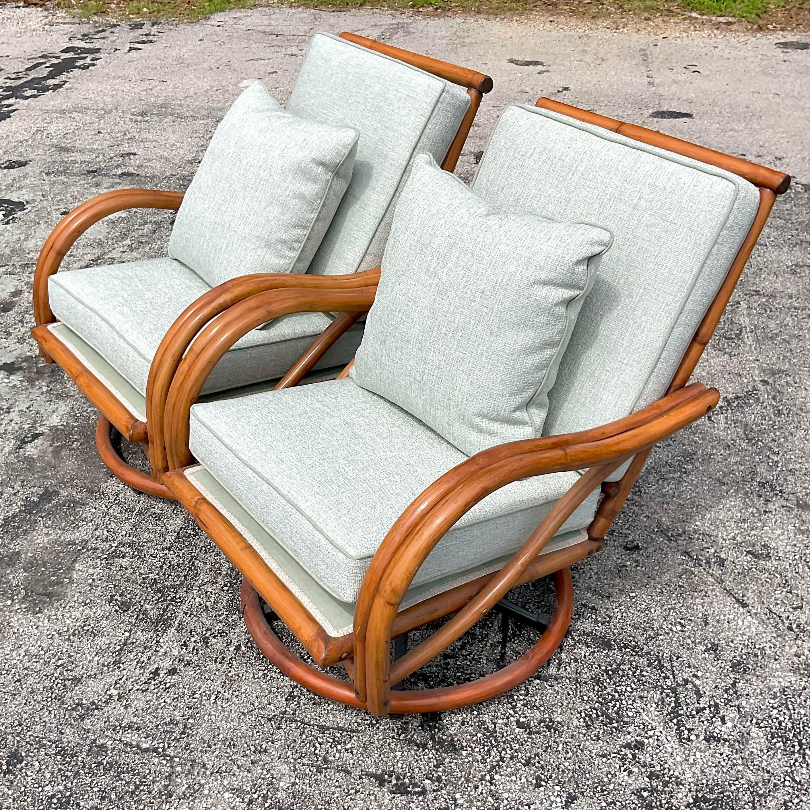 Mid-20th Century Vintage Coastal Bent Rattan Swivel Chairs - a Pair In Good Condition For Sale In west palm beach, FL