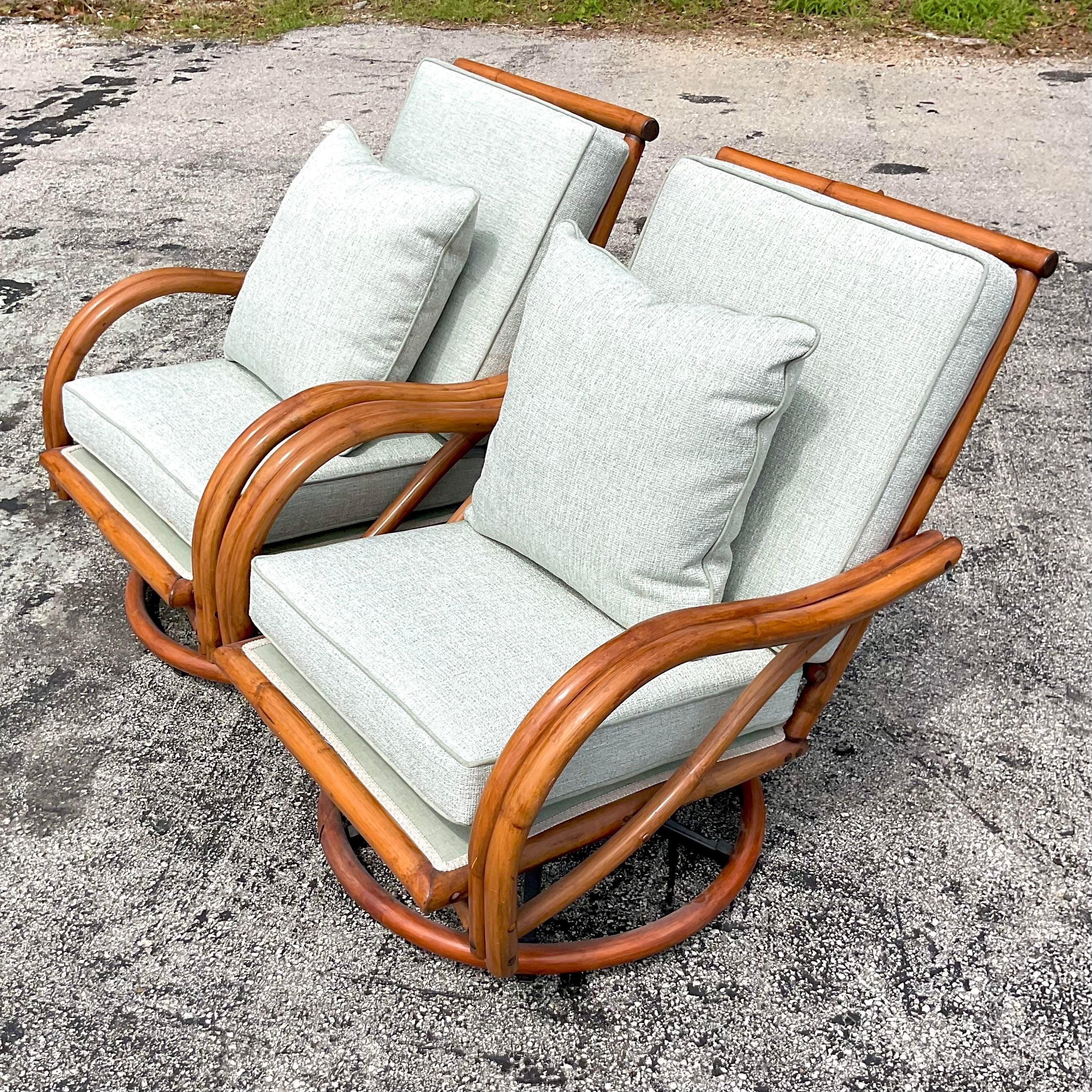 Mid-20th Century Vintage Coastal Bent Rattan Swivel Chairs - a Pair For Sale 1