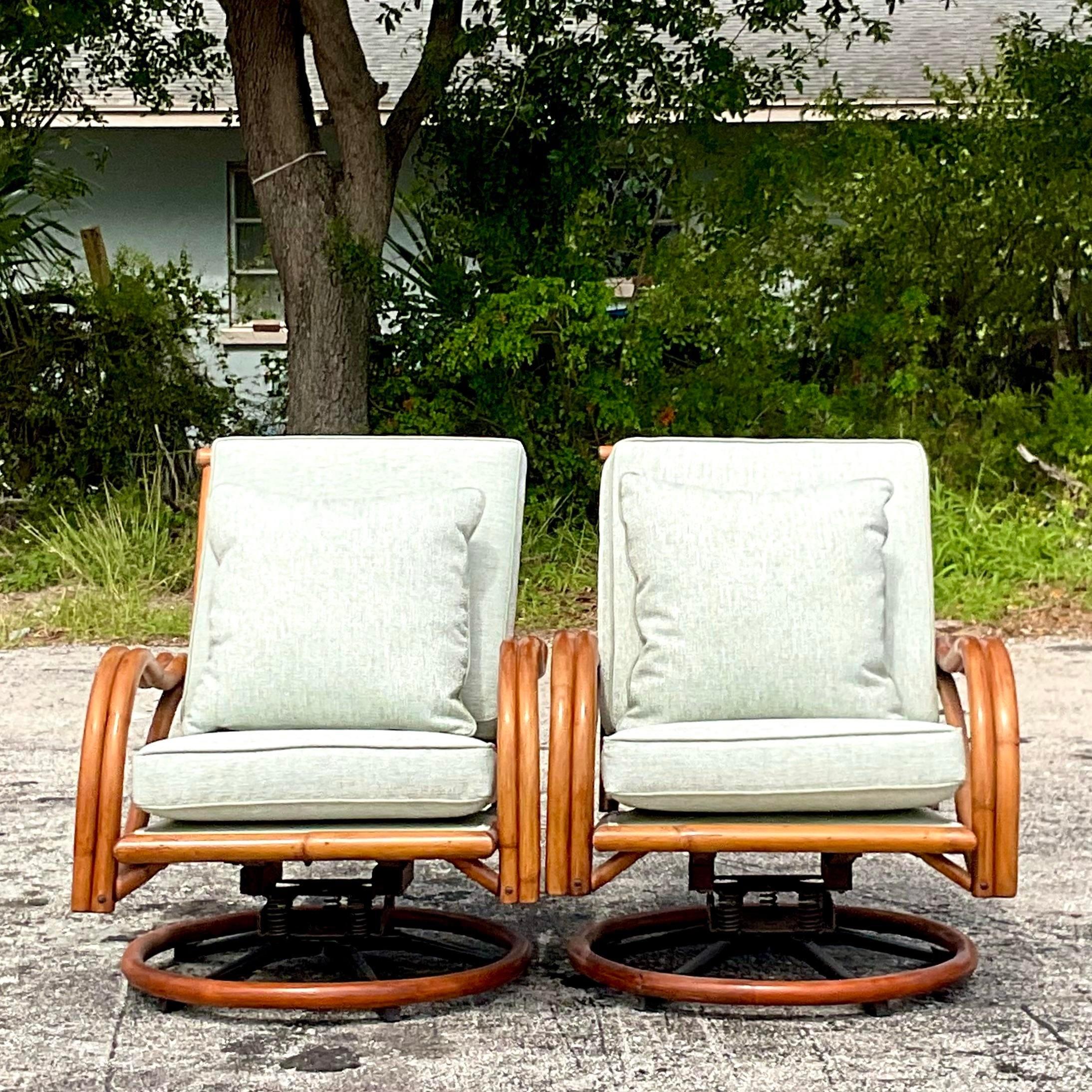 Mid-20th Century Vintage Coastal Bent Rattan Swivel Chairs - a Pair For Sale 2