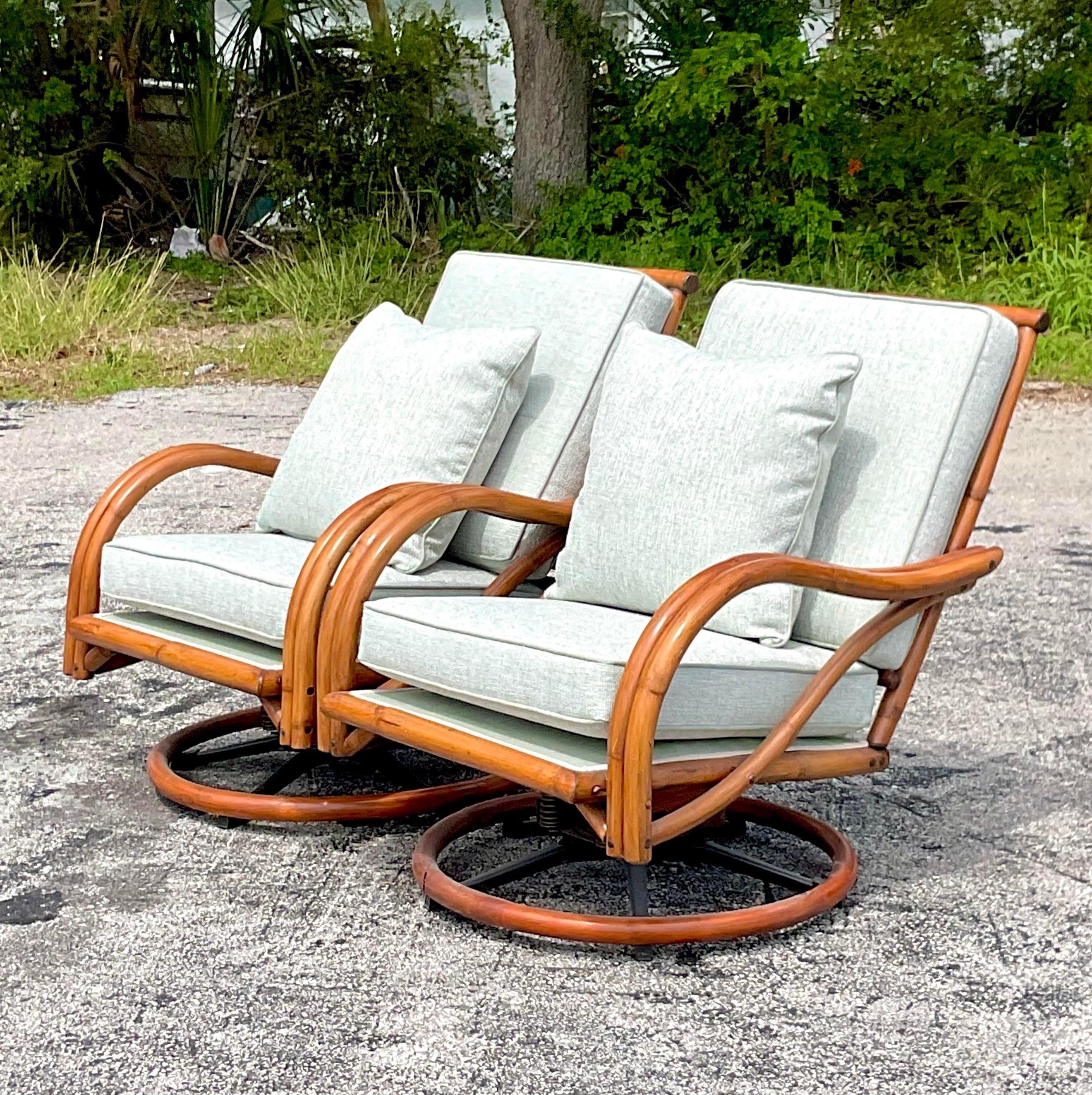 Mid-20th Century Vintage Coastal Bent Rattan Swivel Chairs - a Pair For Sale 3
