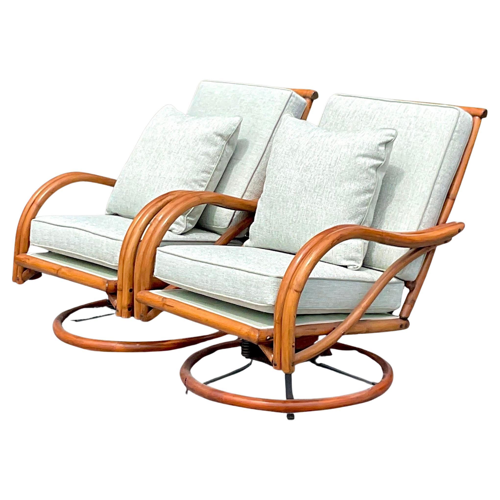 Mid-20th Century Vintage Coastal Bent Rattan Swivel Chairs - a Pair