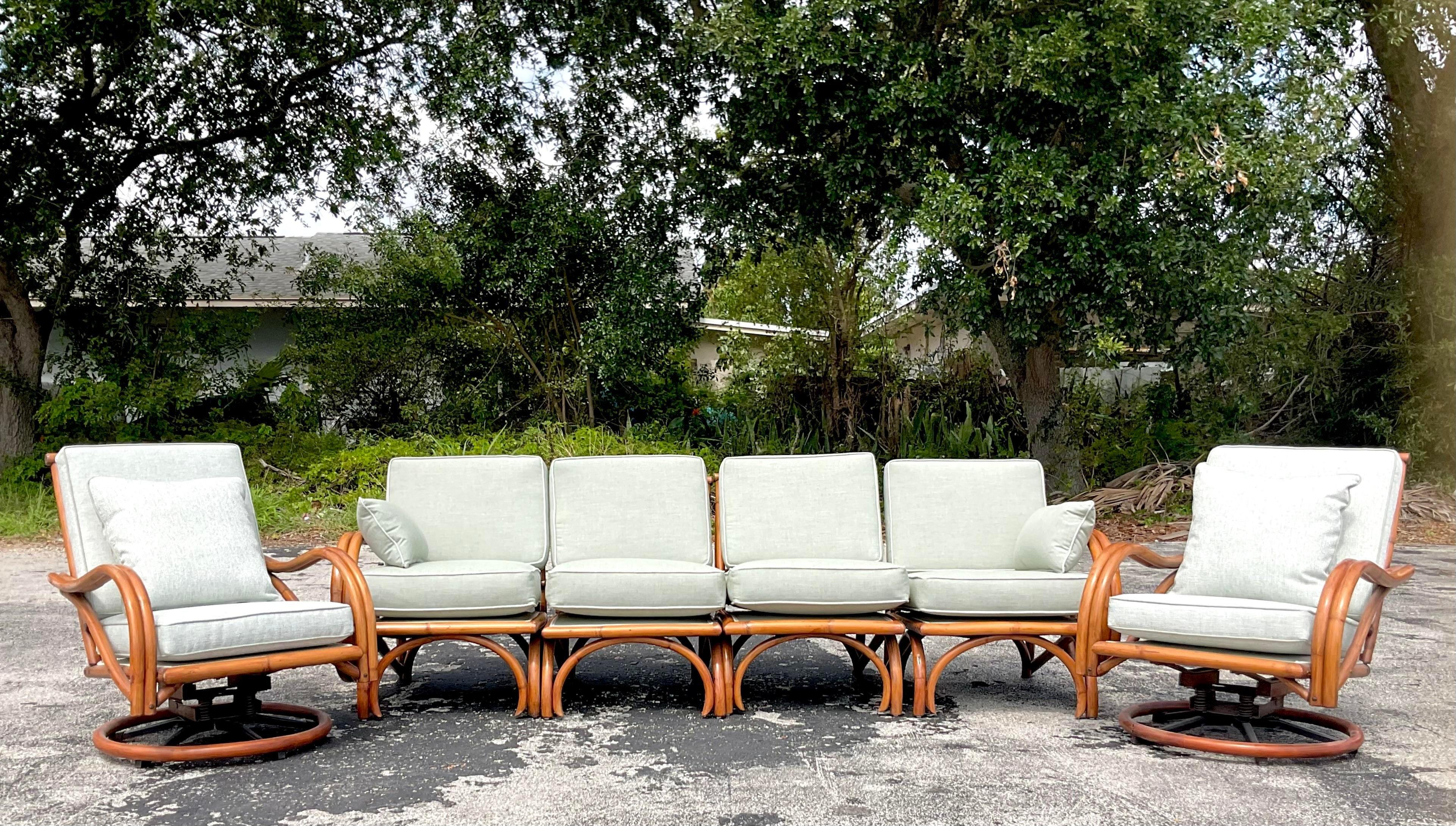 Mid 20th Century Vintage Coastal Bent Rattan Four Seat Sofa For Sale 5