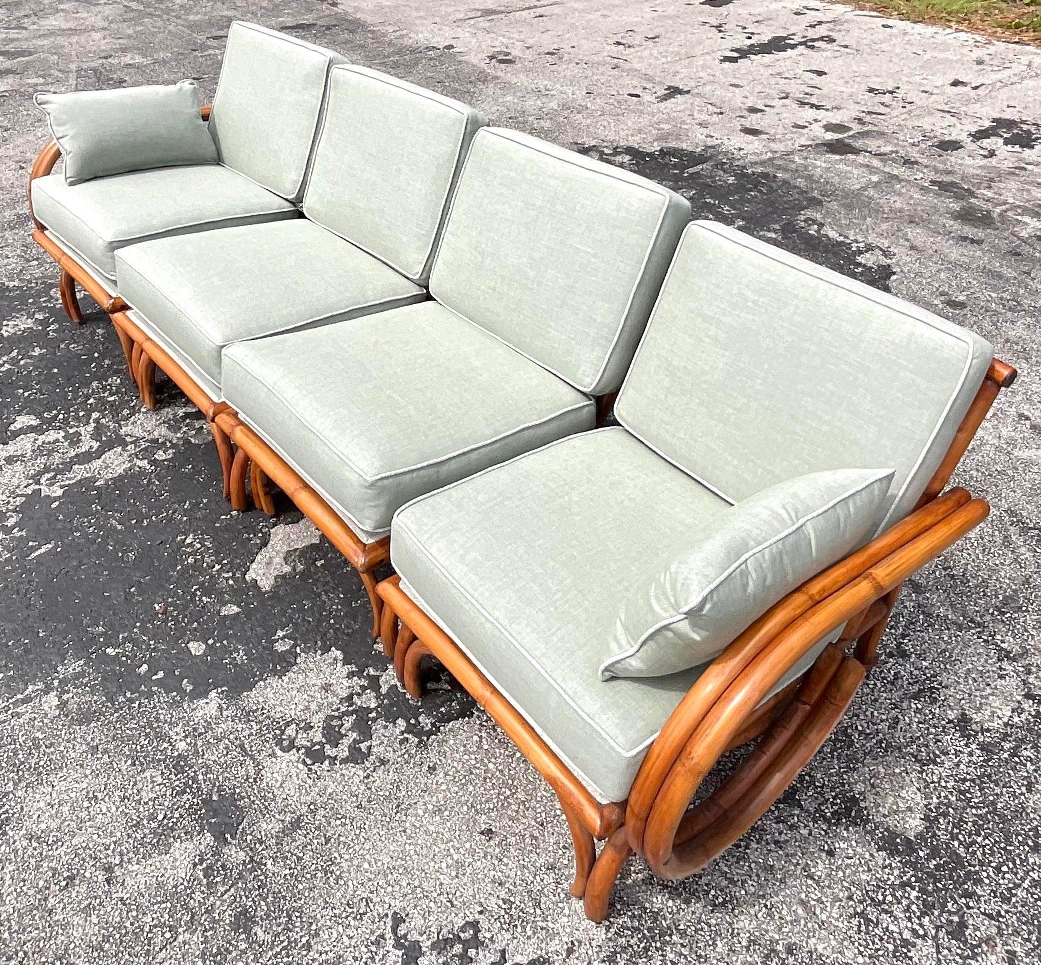 Mid 20th Century Vintage Coastal Bent Rattan Four Seat Sofa For Sale 6
