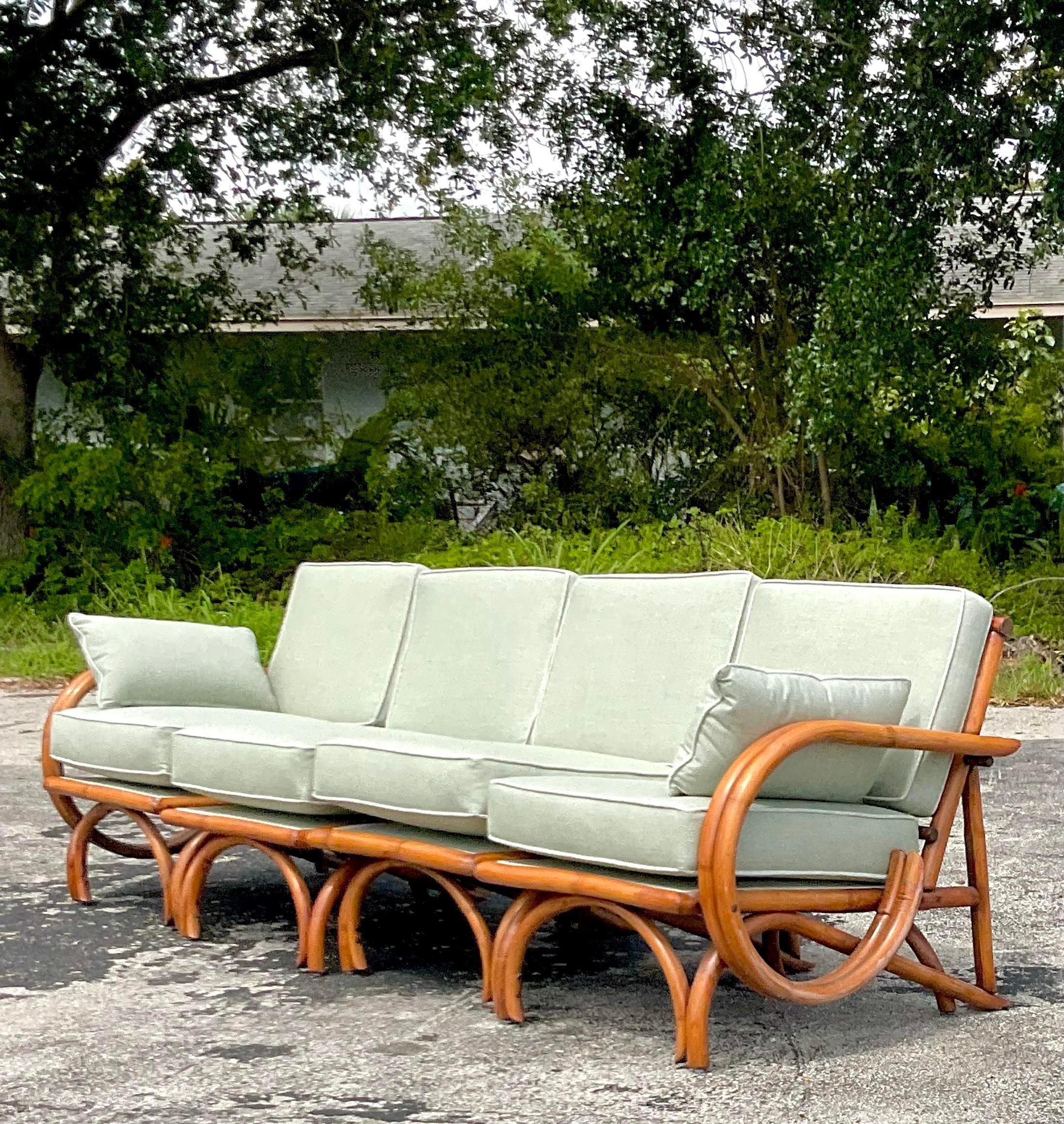 Mid 20th Century Vintage Coastal Bent Rattan Four Seat Sofa For Sale 7