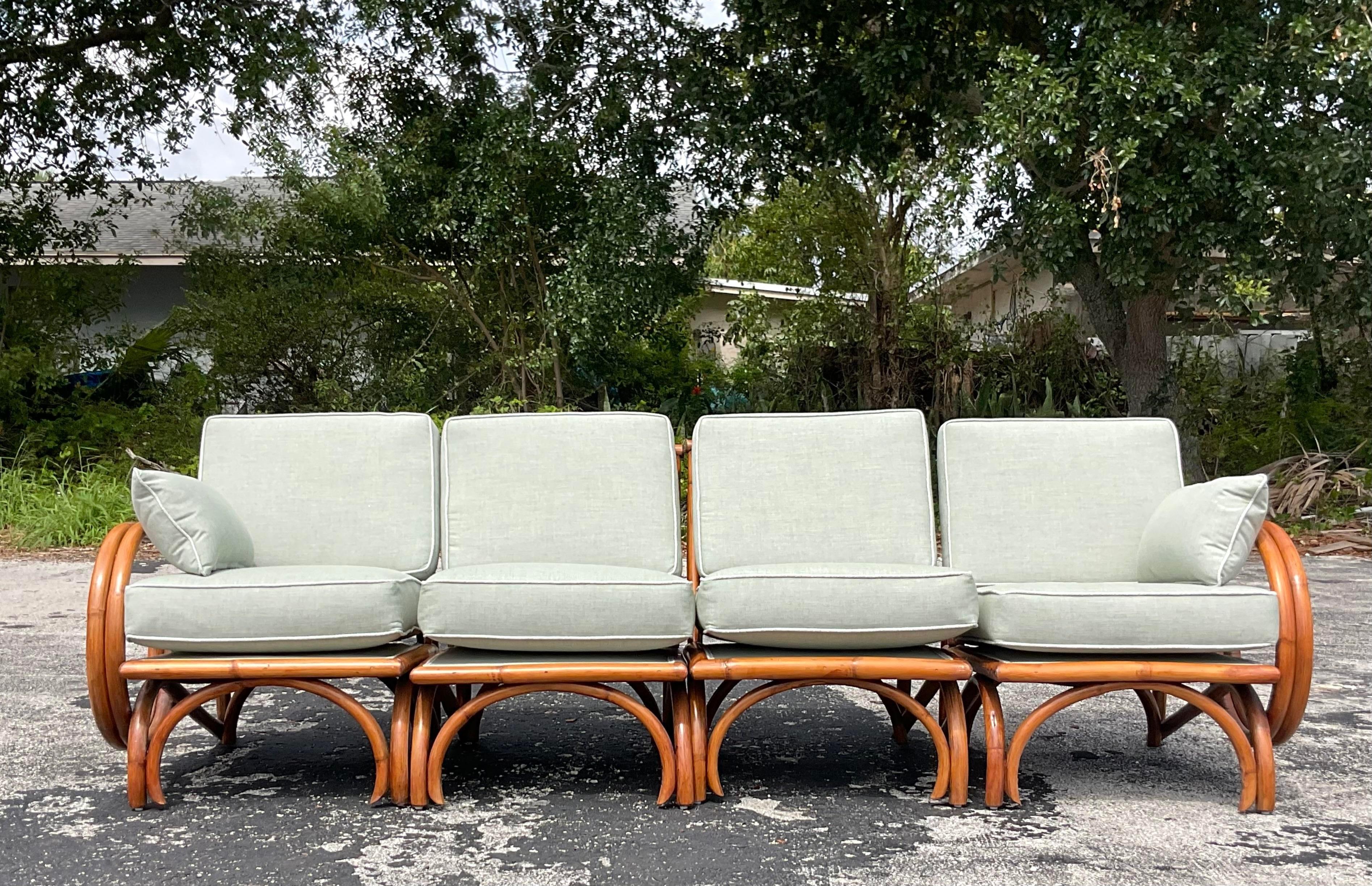 Mid 20th Century Vintage Coastal Bent Rattan Four Seat Sofa For Sale 2