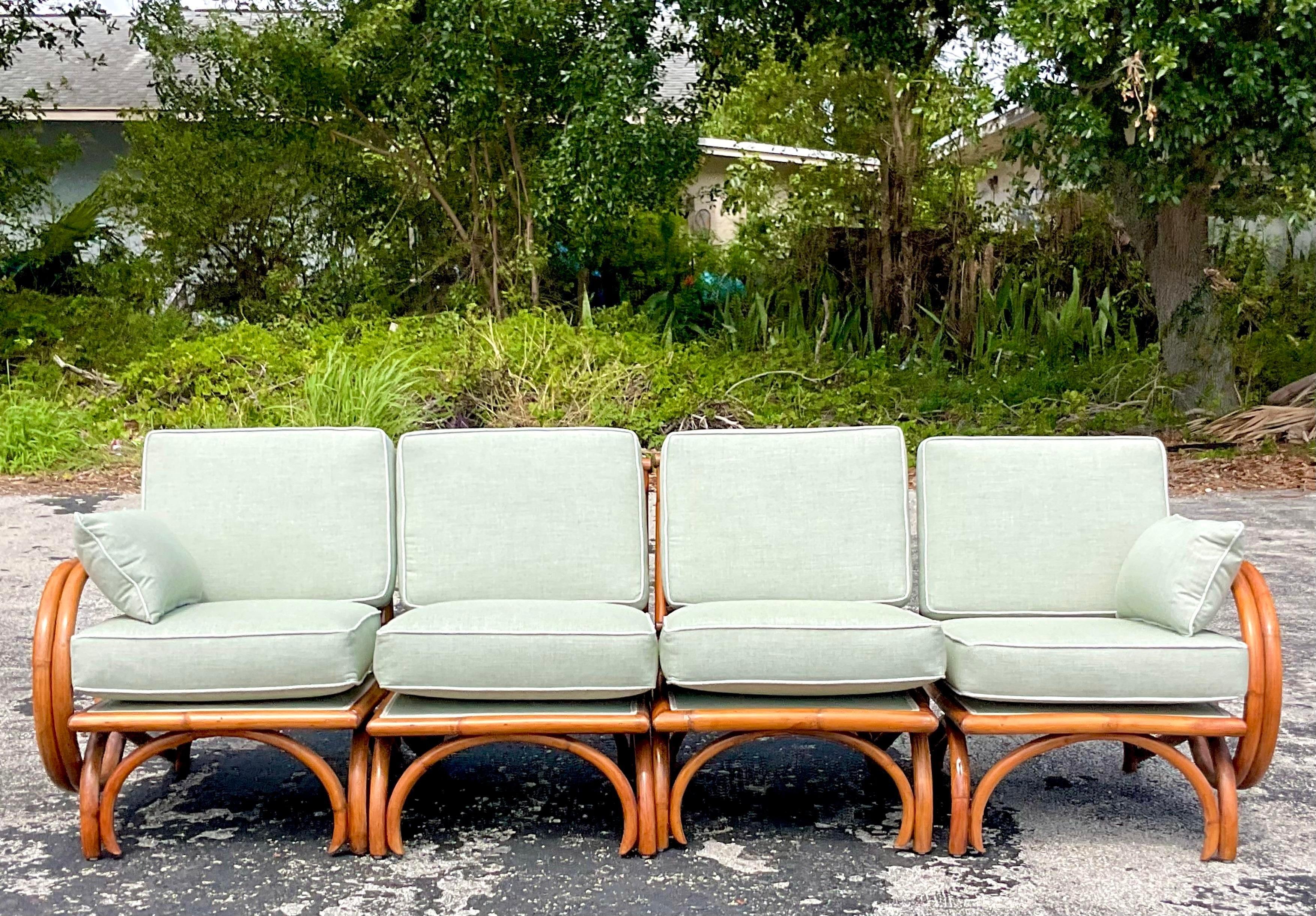 Mid 20th Century Vintage Coastal Bent Rattan Four Seat Sofa For Sale 3
