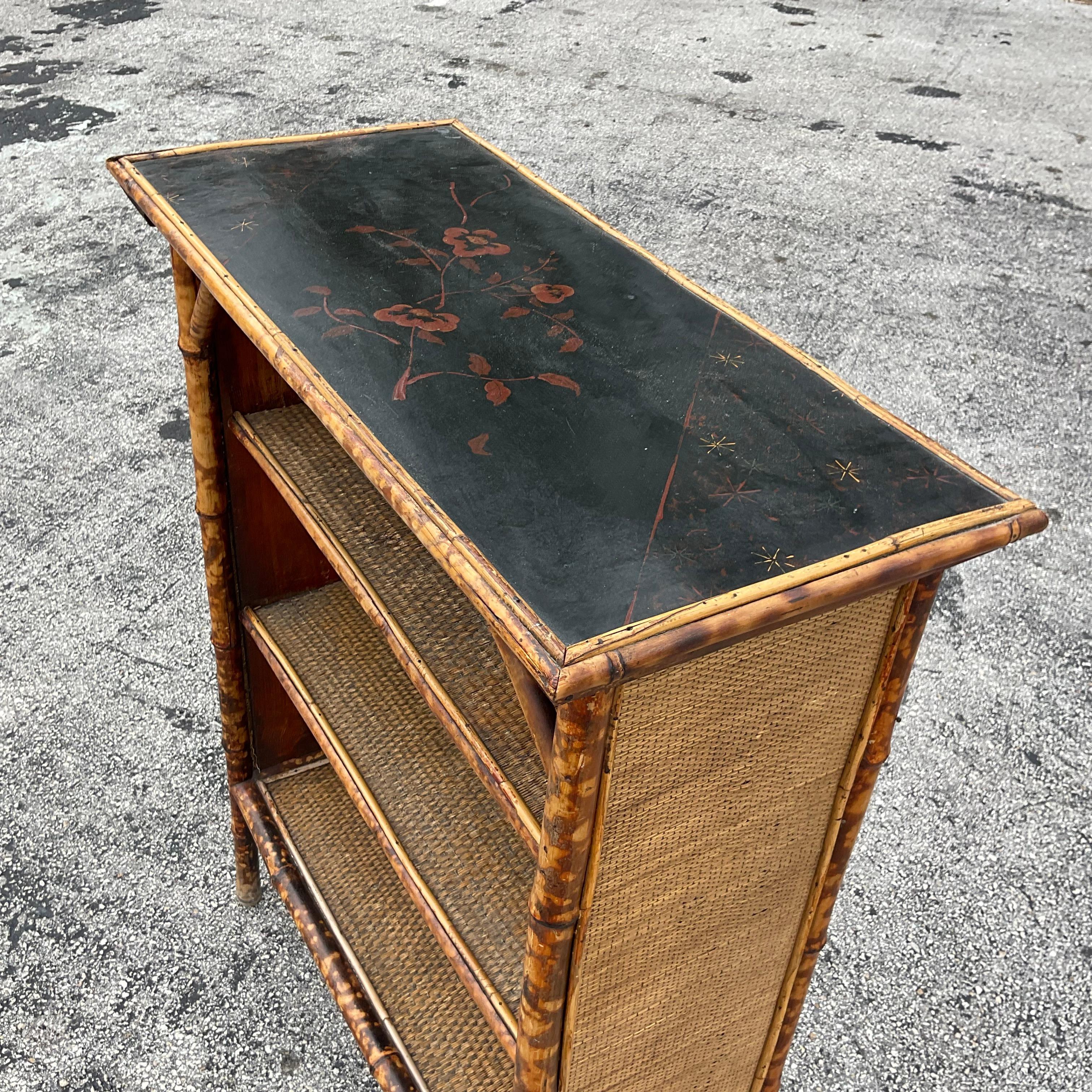Philippine Mid 20th Century Vintage Coastal Burnt Bamboo and Woven Rattan Bookshelf
