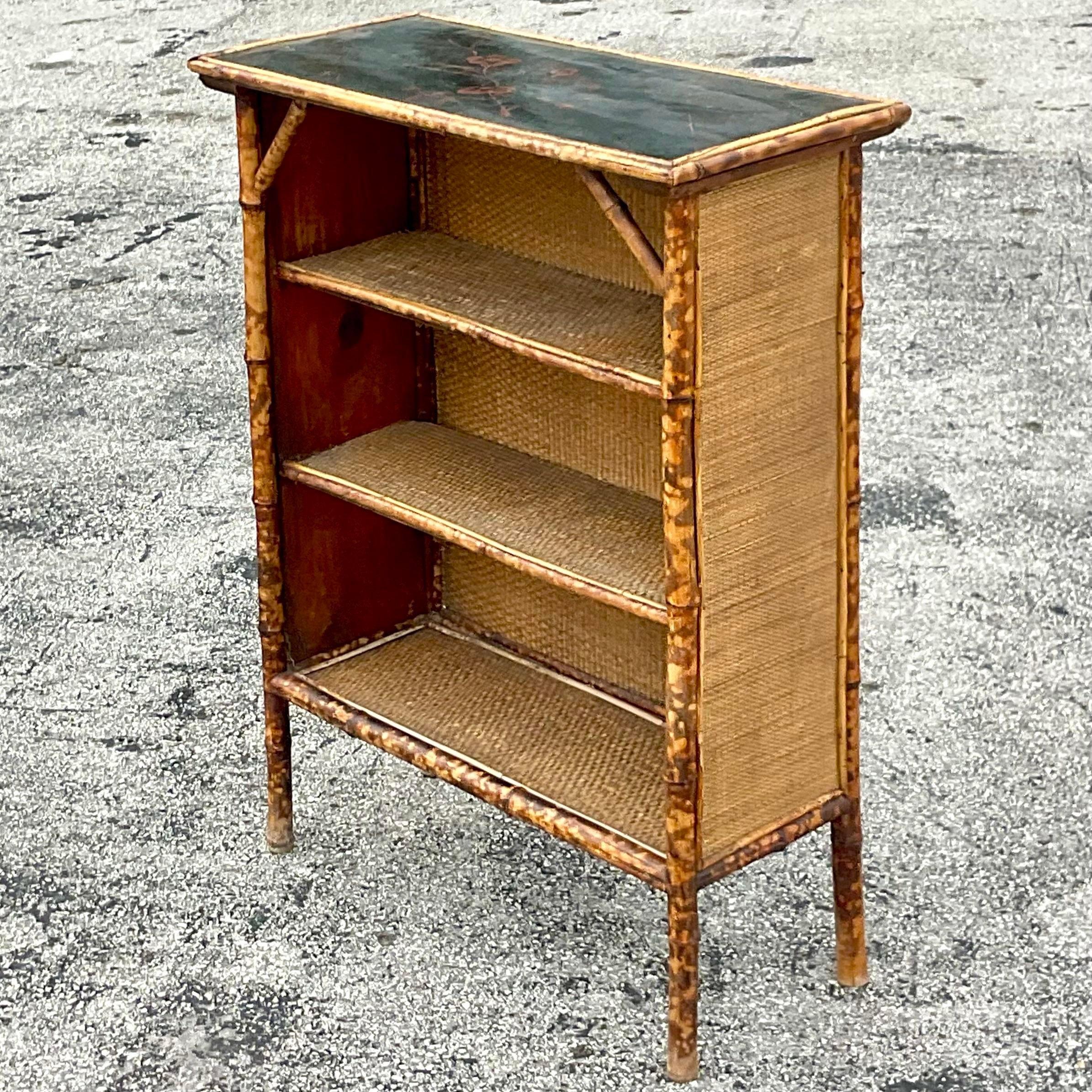 Mid 20th Century Vintage Coastal Burnt Bamboo and Woven Rattan Bookshelf In Good Condition In West Palm Beach, FL