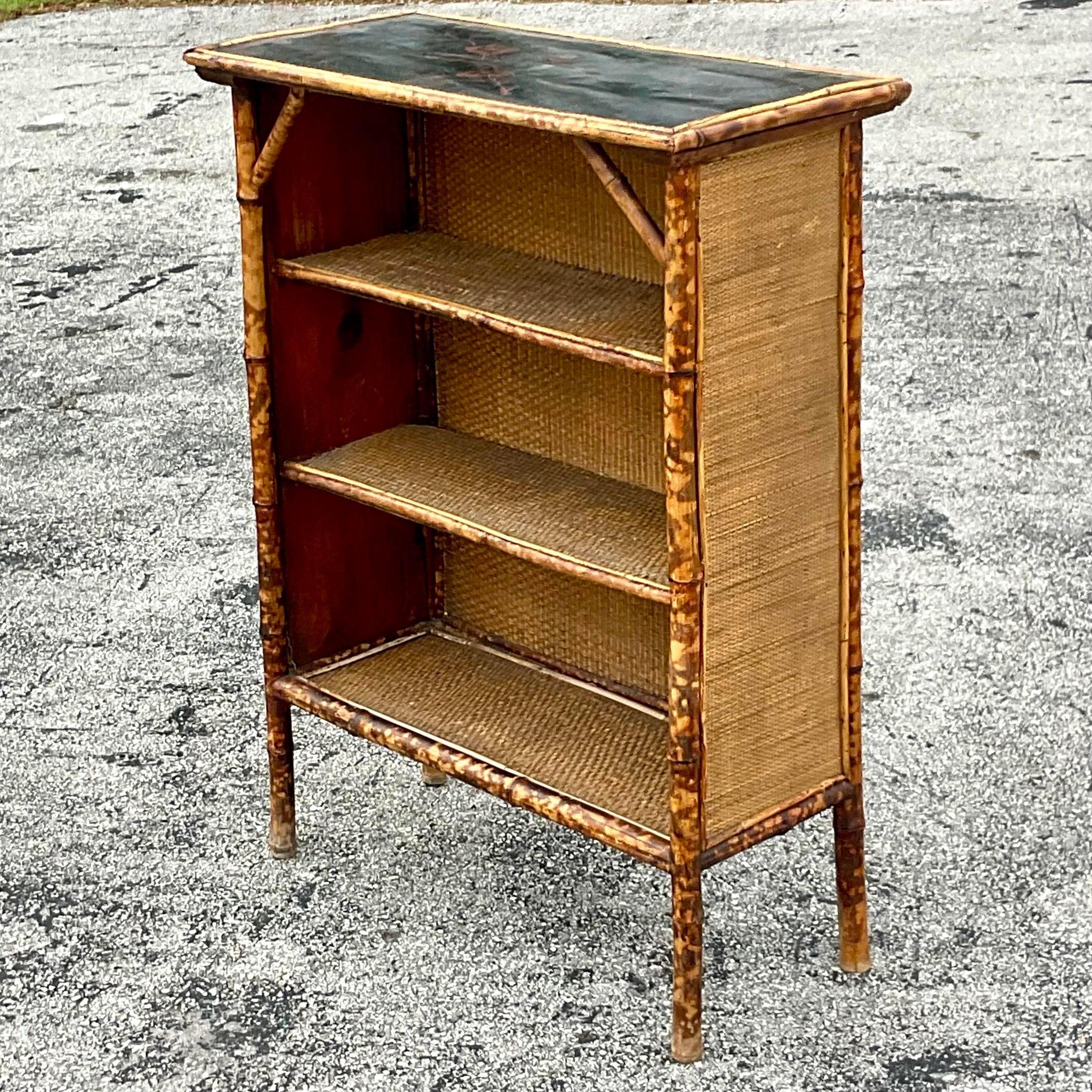 Mid 20th Century Vintage Coastal Burnt Bamboo and Woven Rattan Bookshelf 1
