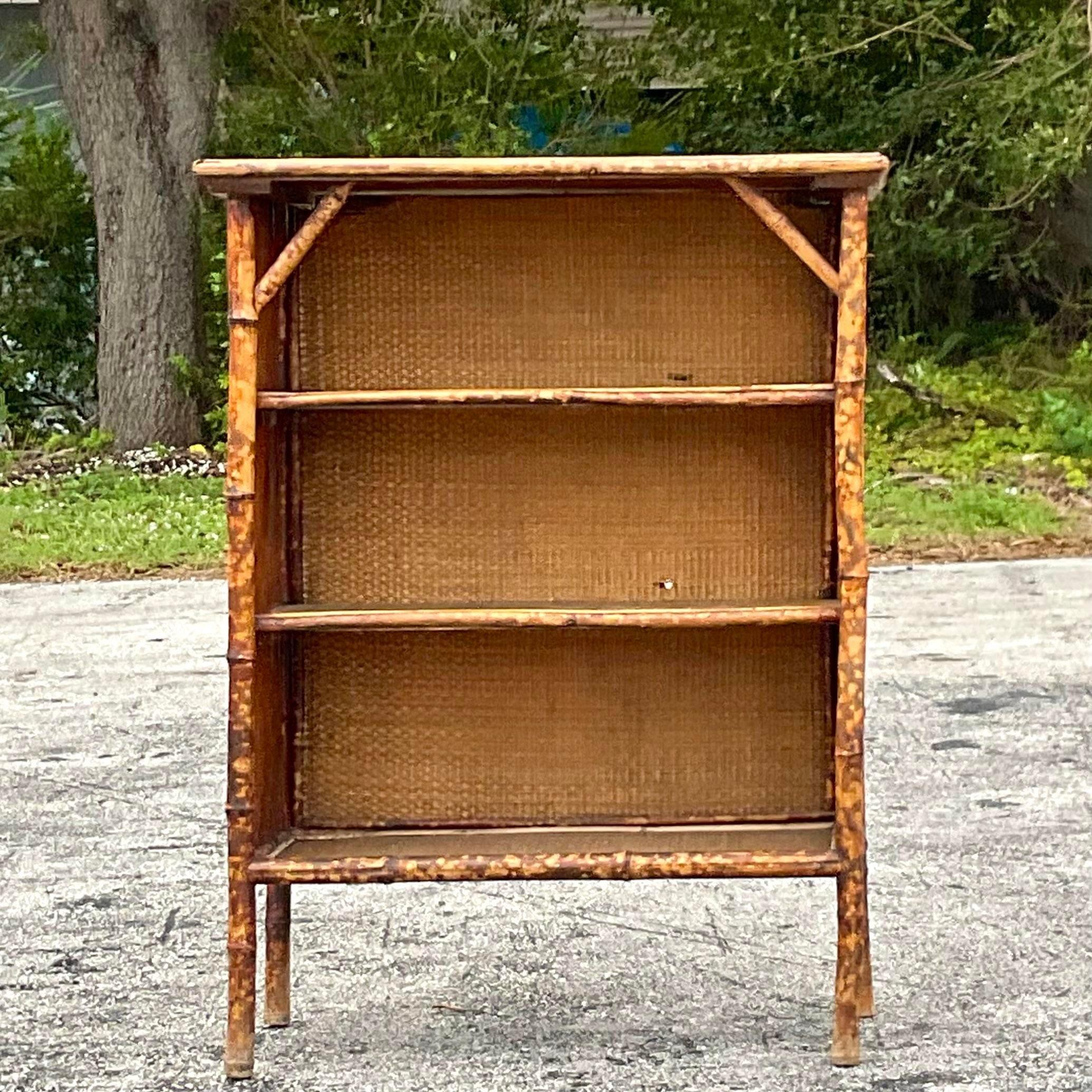 Mid 20th Century Vintage Coastal Burnt Bamboo and Woven Rattan Bookshelf 2