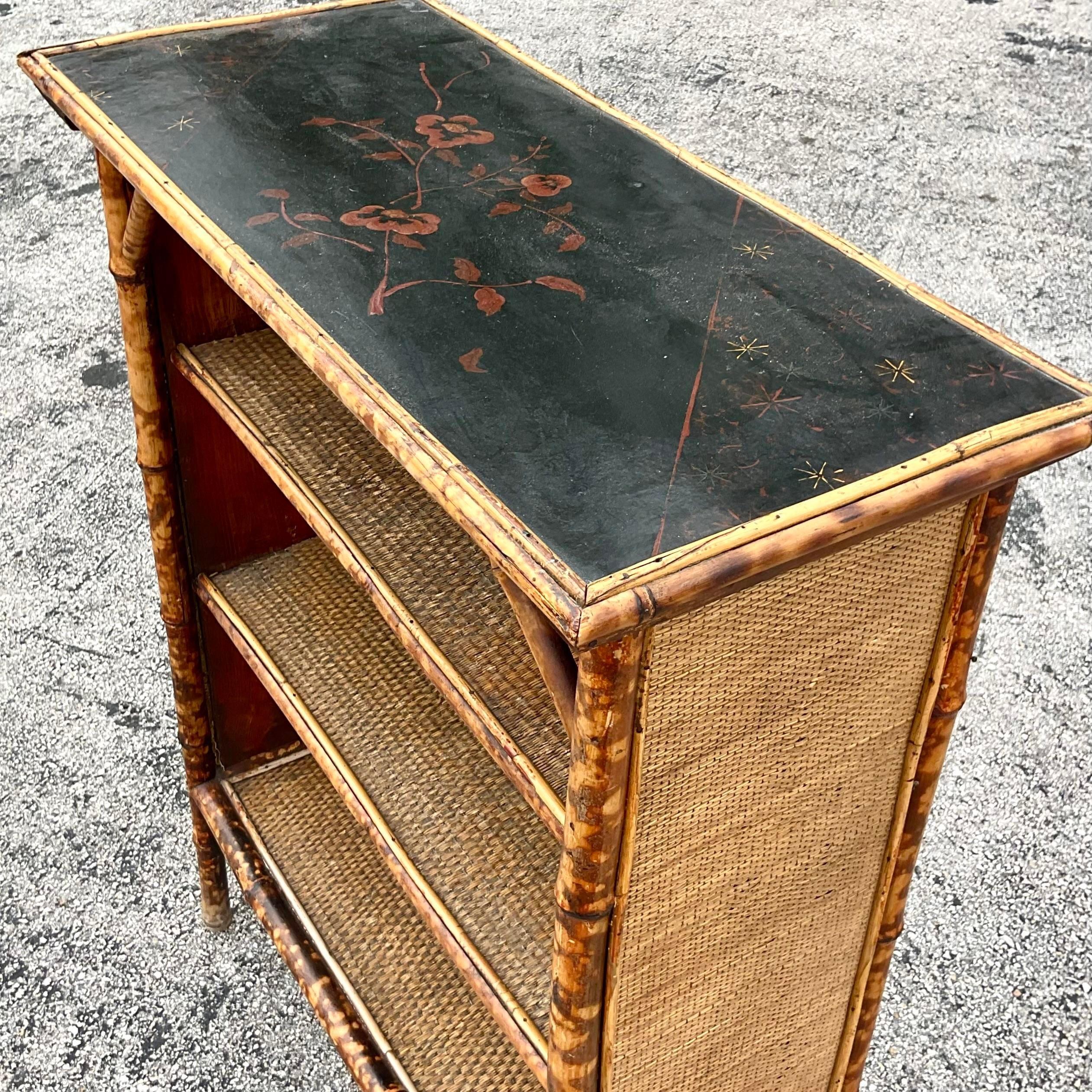 Mid 20th Century Vintage Coastal Burnt Bamboo and Woven Rattan Bookshelf 3