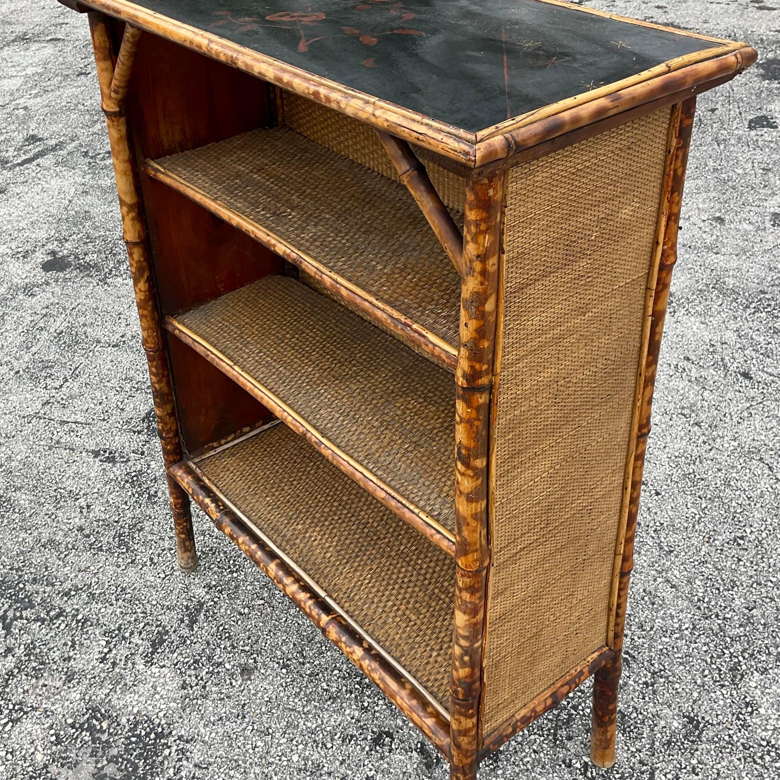 Mid 20th Century Vintage Coastal Burnt Bamboo and Woven Rattan Bookshelf 4