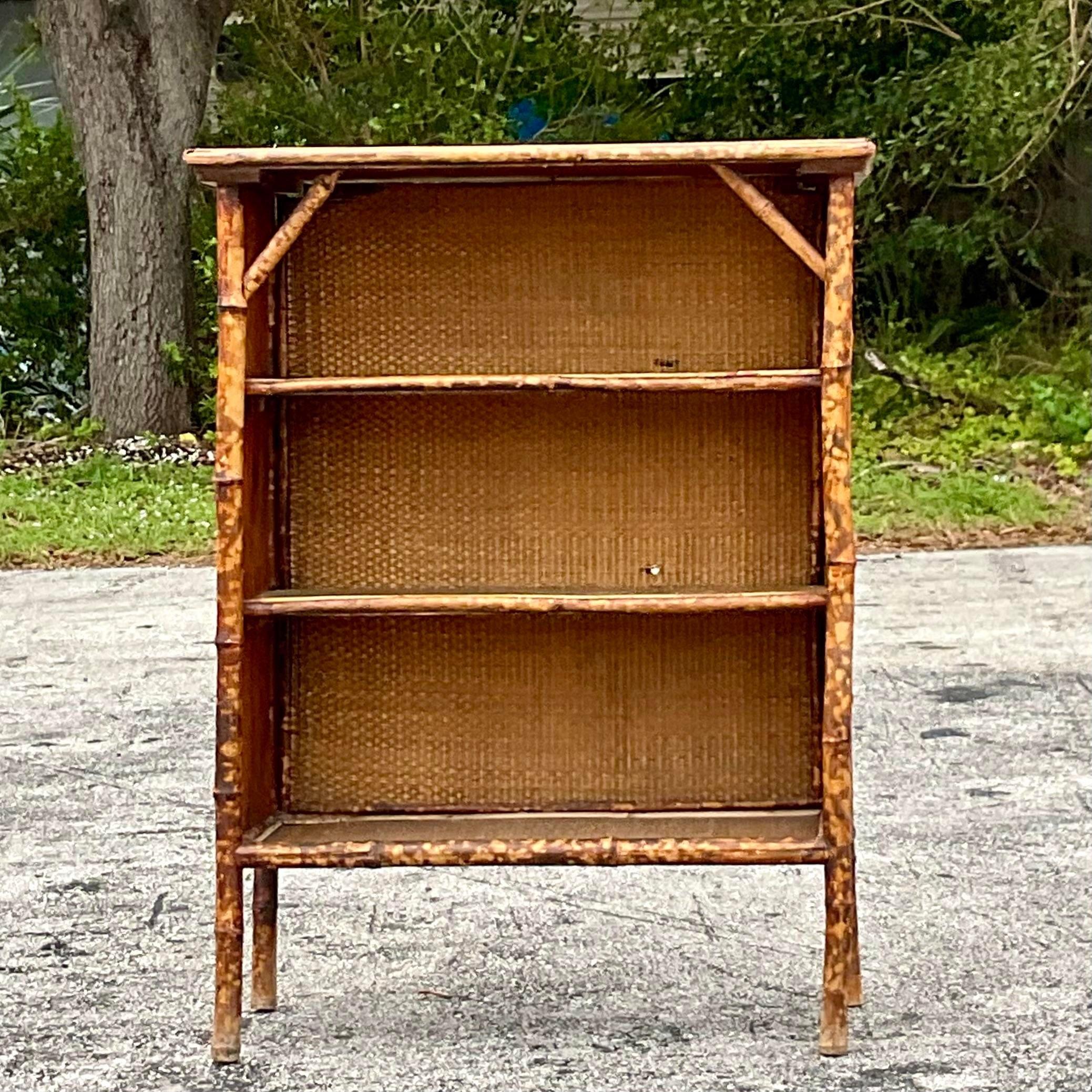 Mid 20th Century Vintage Coastal Burnt Bamboo and Woven Rattan Bookshelf 5