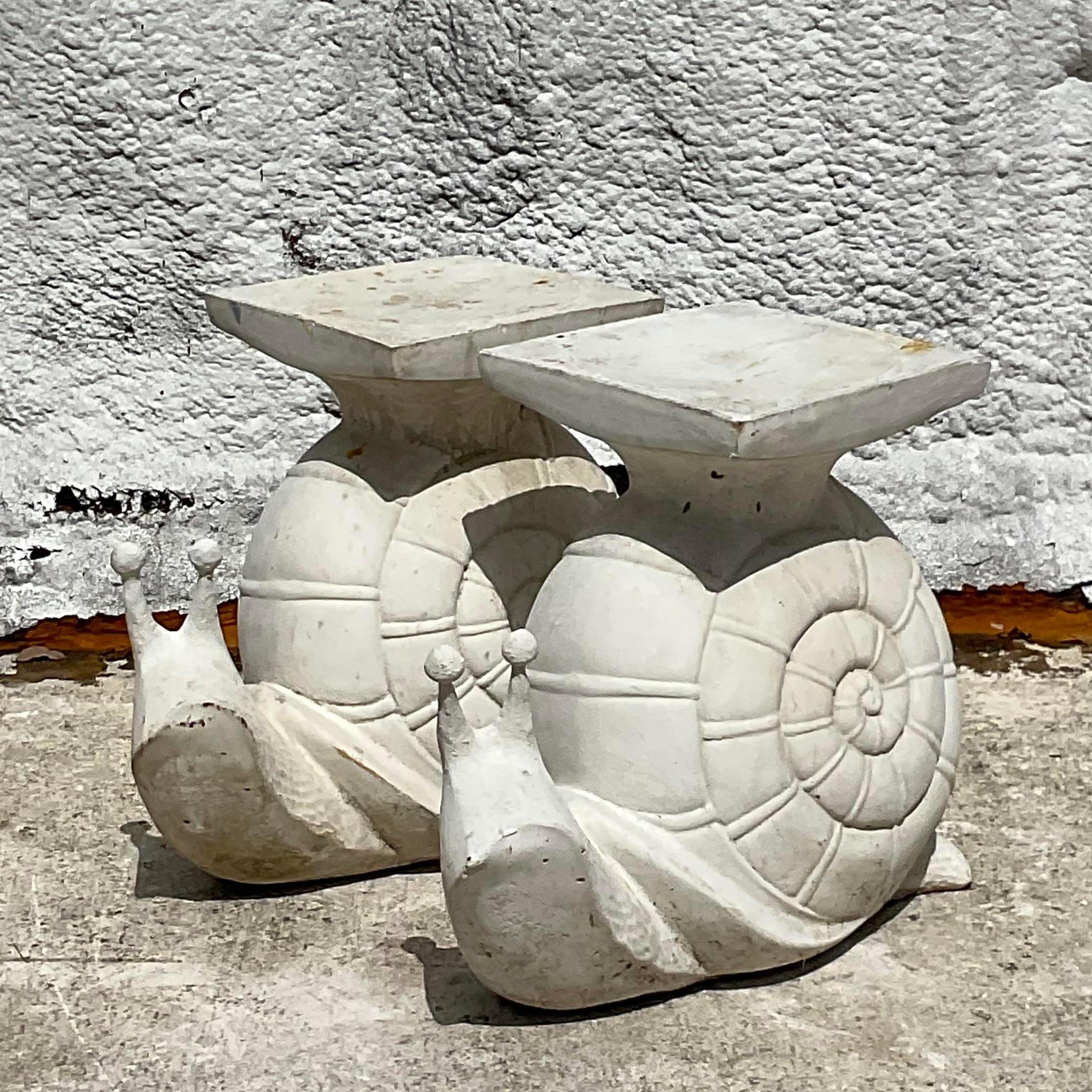 American Mid 20th Century Vintage Coastal Cast Cement Snail Low Stools - a Pair For Sale