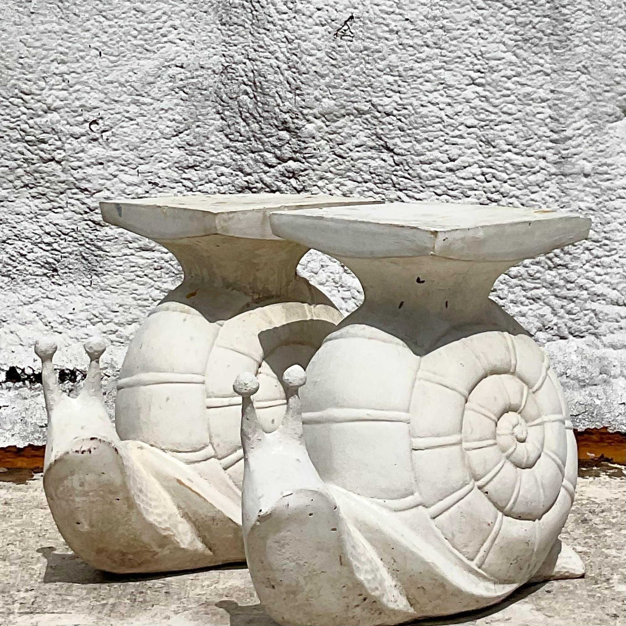 Mid 20th Century Vintage Coastal Cast Cement Snail Low Stools - a Pair In Good Condition For Sale In west palm beach, FL