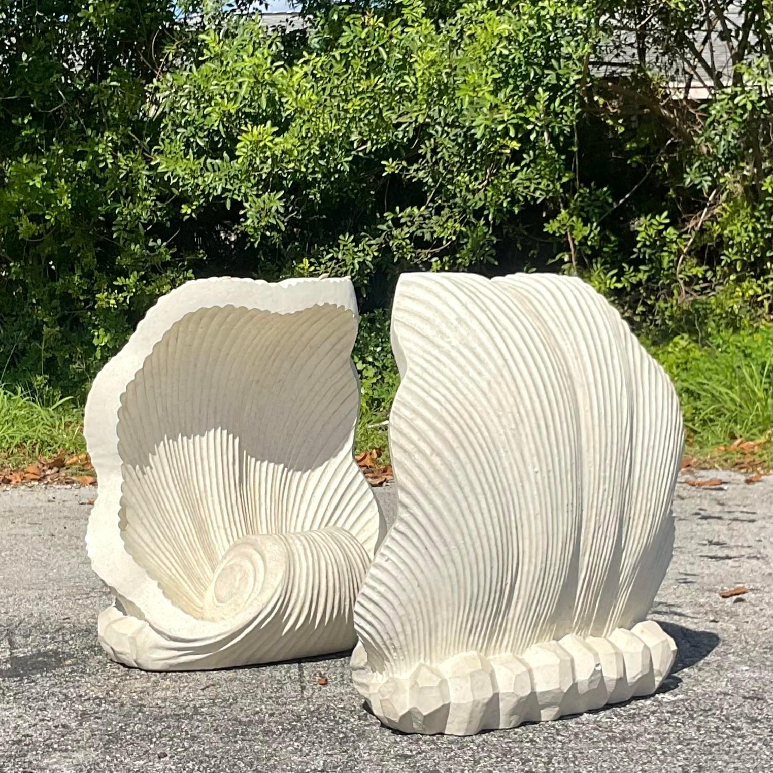 Mid 20th Century Vintage Coastal Cast Concrete Clam Shell Table Pedestals In Good Condition For Sale In west palm beach, FL