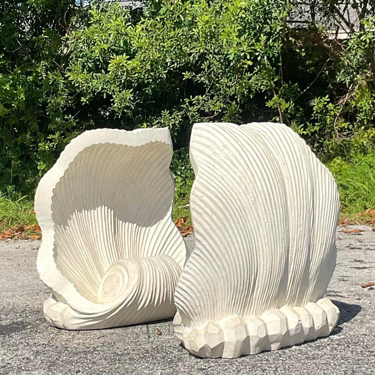 Mid 20th Century Vintage Coastal Cast Concrete Clam Shell Table Pedestals 1
