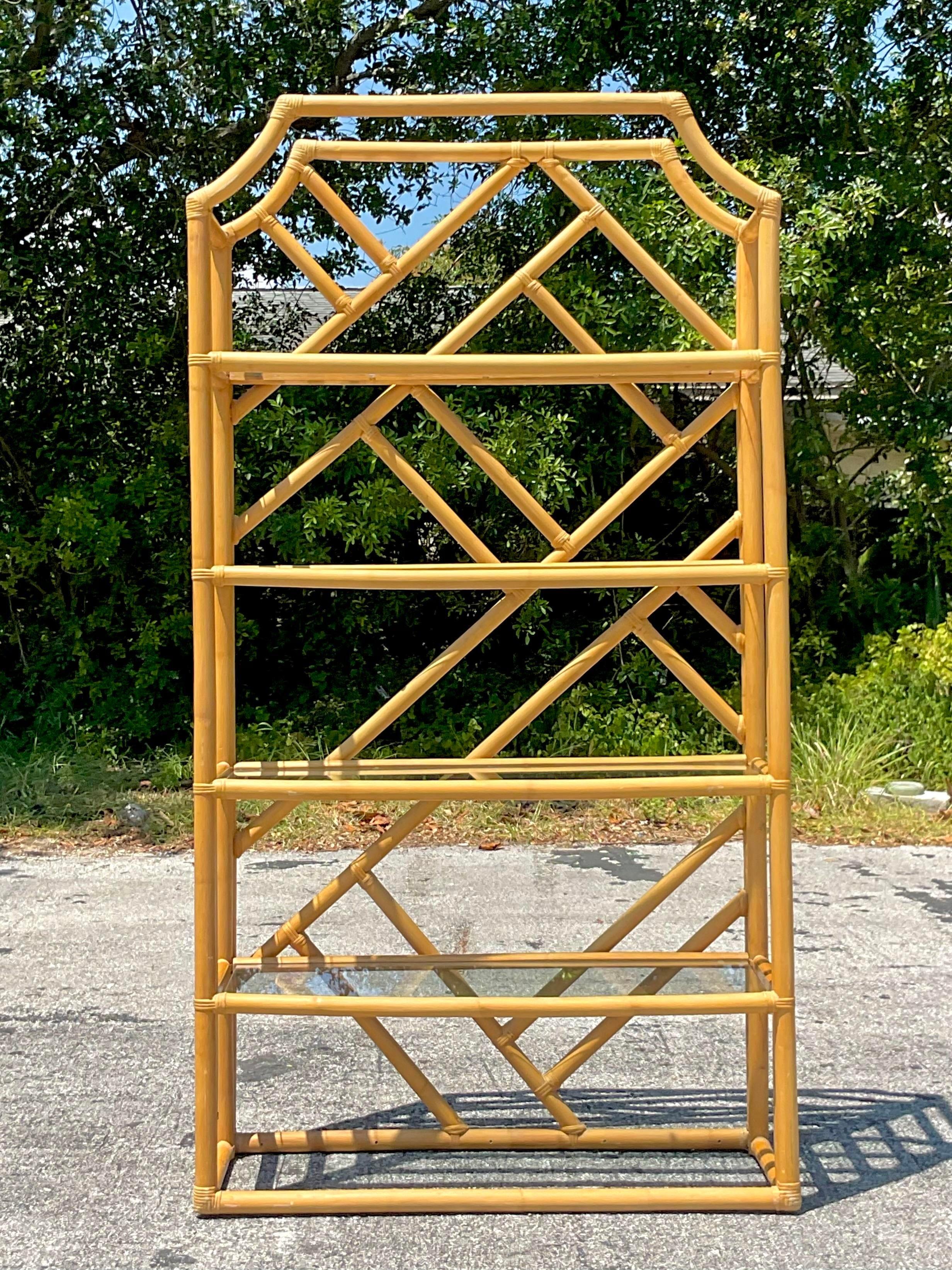 American Mid 20th Century Vintage Coastal Chinese Chippendale Rattan Etagere For Sale