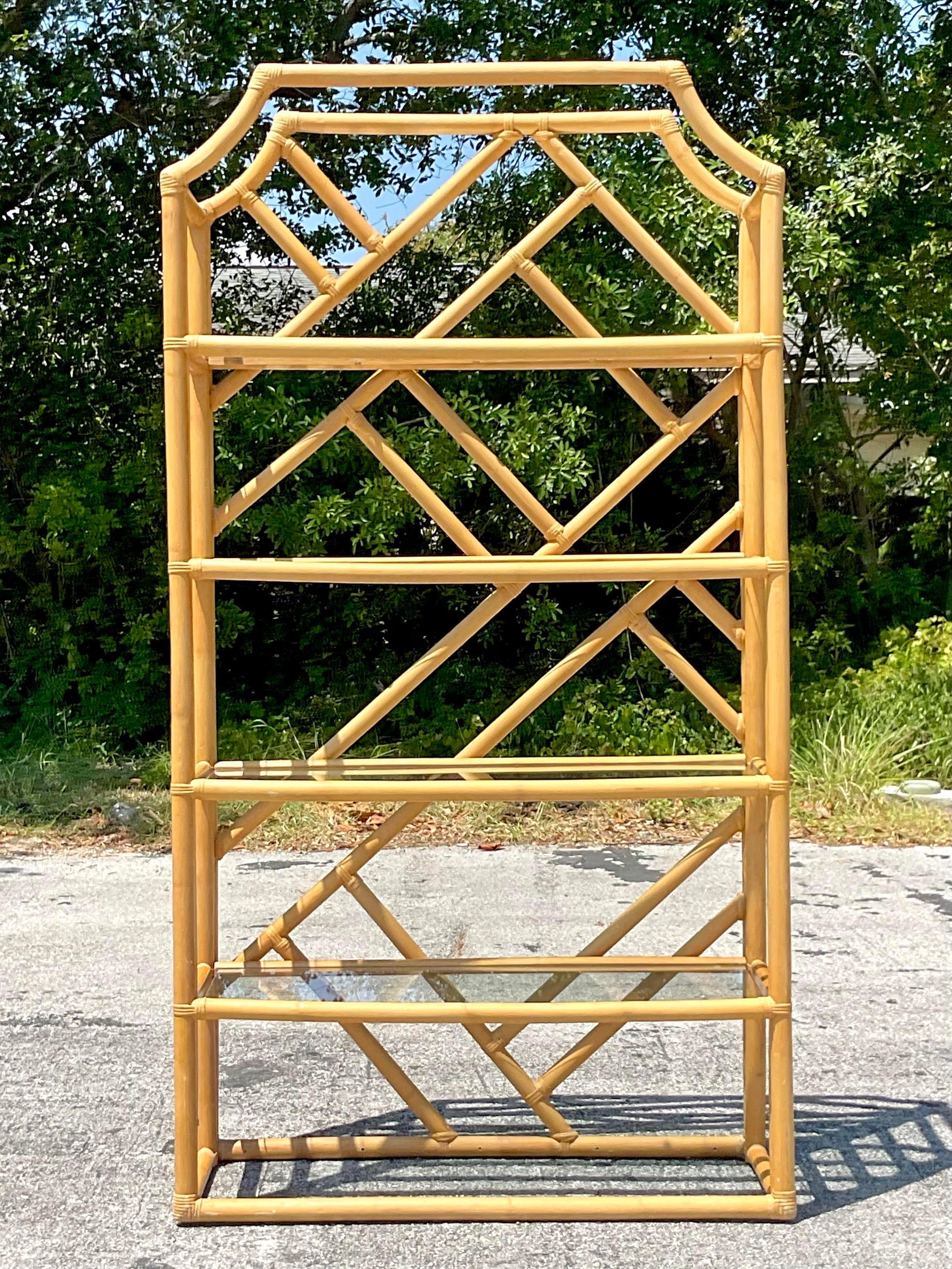 Mid 20th Century Vintage Coastal Chinese Chippendale Rattan Etagere In Good Condition For Sale In west palm beach, FL