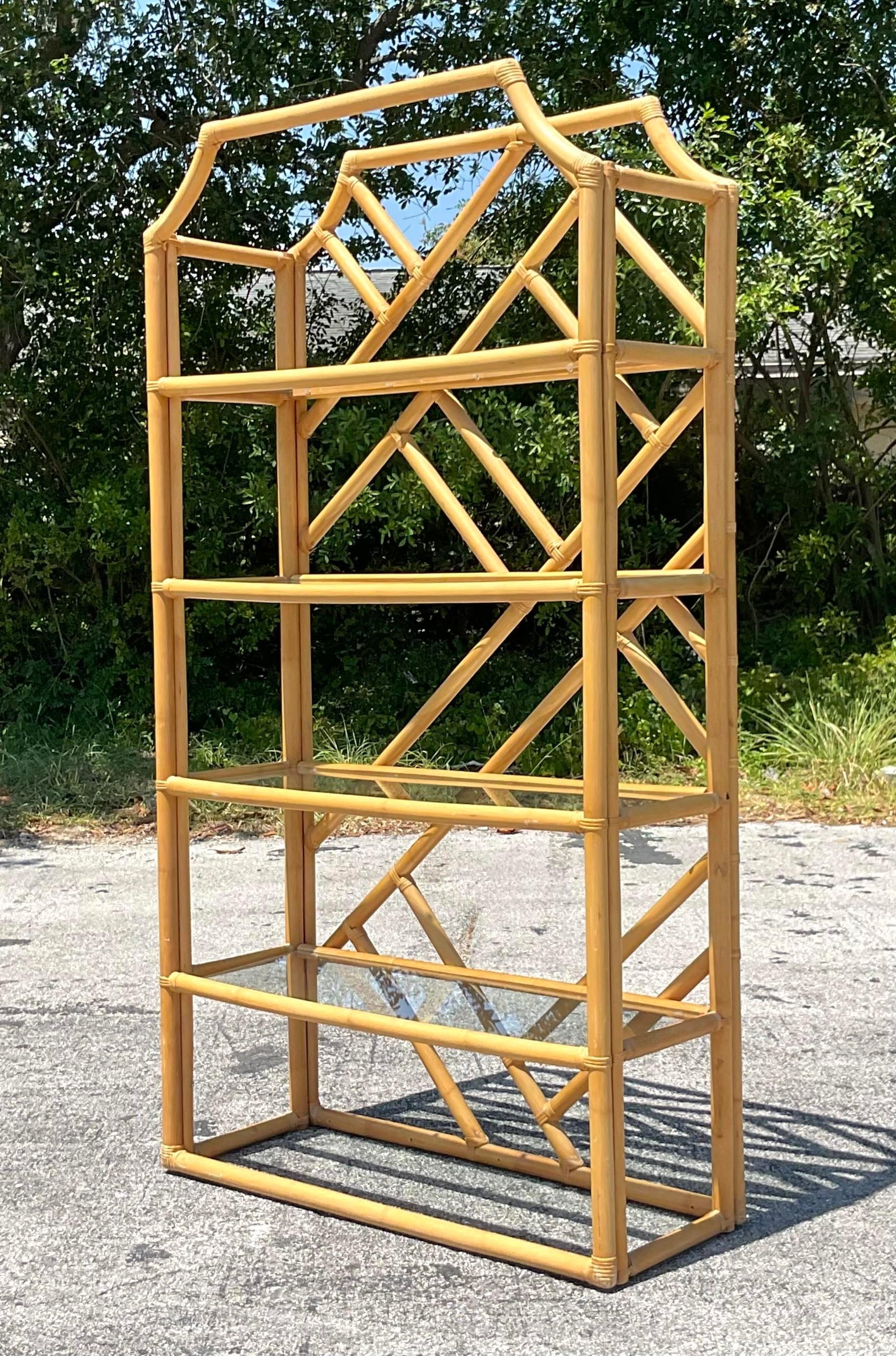 Mid 20th Century Vintage Coastal Chinese Chippendale Rattan Etagere For Sale 1
