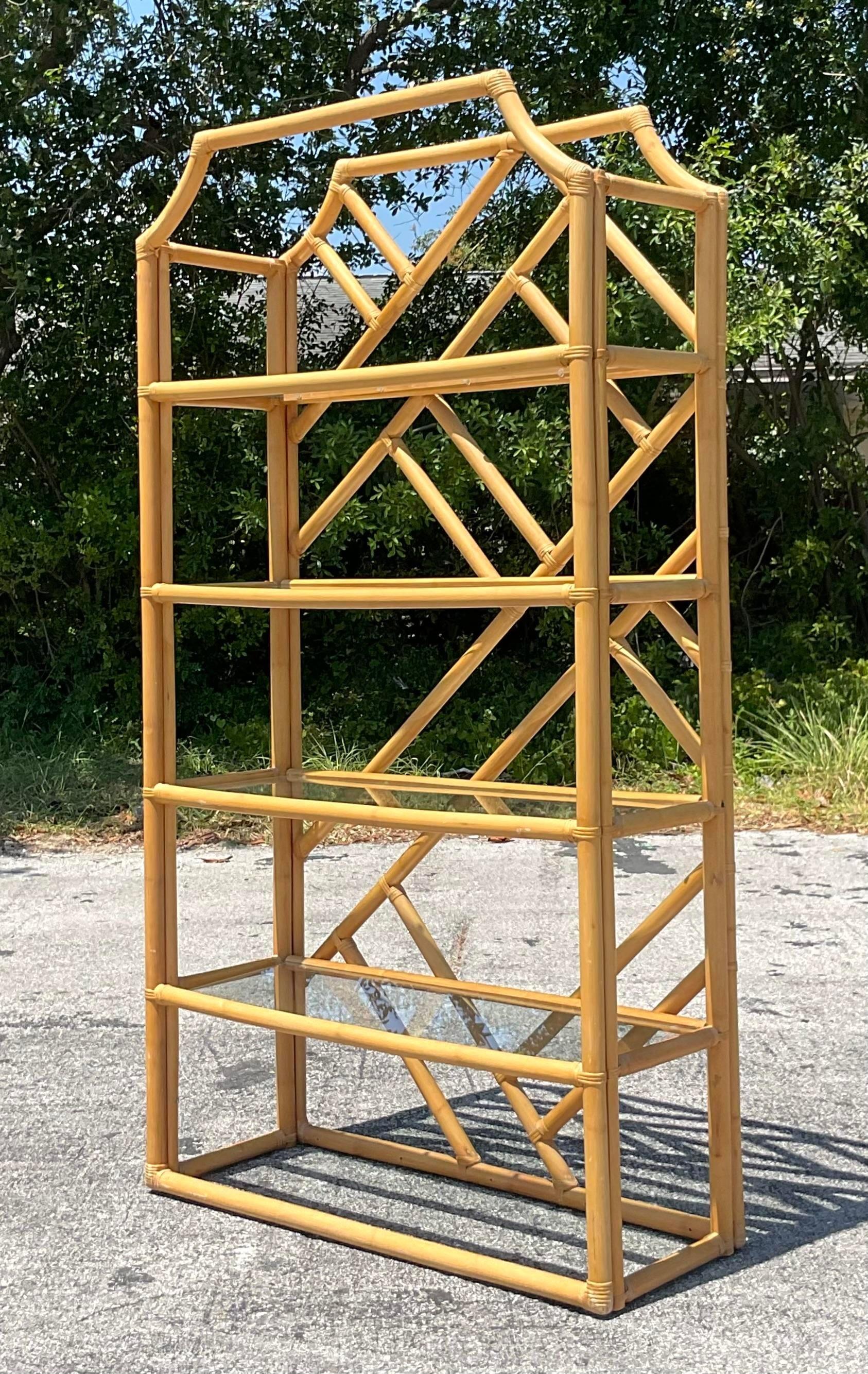 Mid 20th Century Vintage Coastal Chinese Chippendale Rattan Etagere For Sale 2
