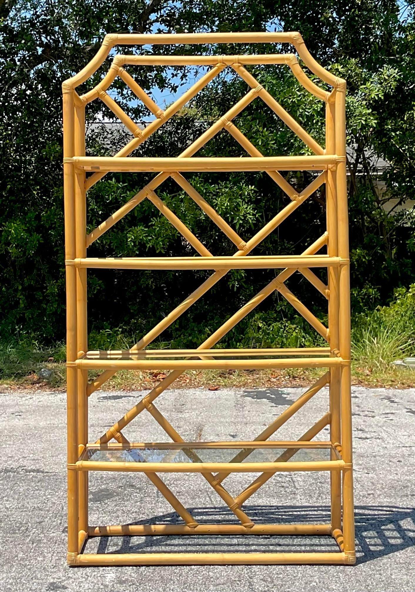 Mid 20th Century Vintage Coastal Chinese Chippendale Rattan Etagere For Sale 3